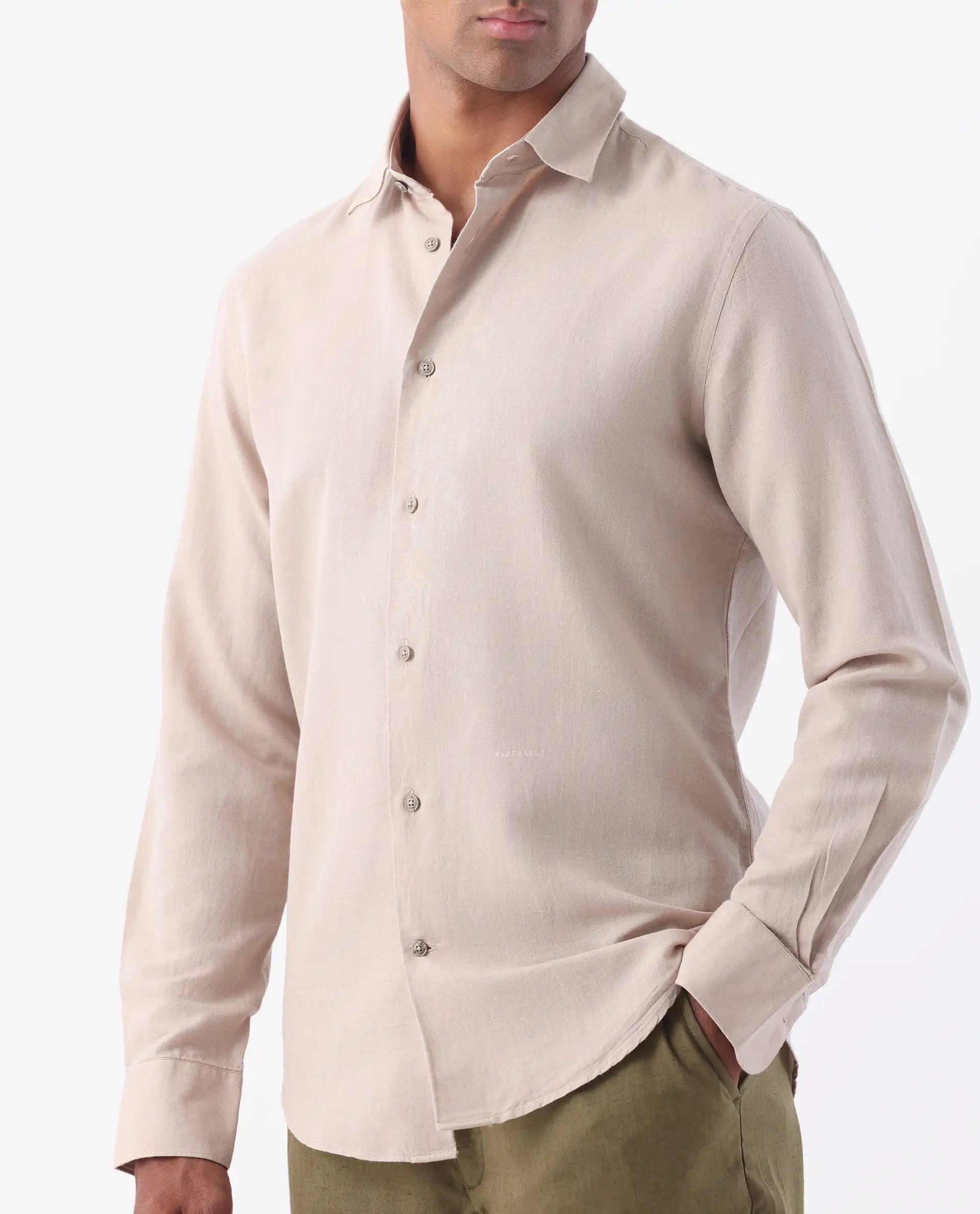 Rare Rabbit Men's Linux Light Beige Linen Blend Plain Regular Fit Full Sleeve Collared Shirt