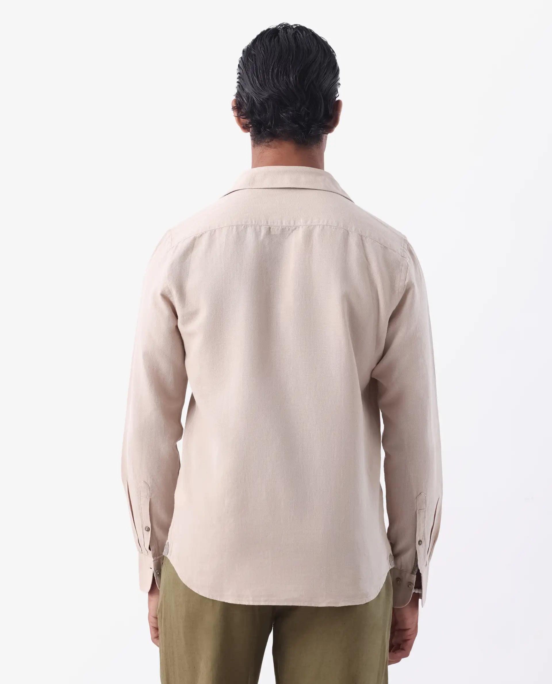 Rare Rabbit Men's Linux Light Beige Linen Blend Plain Regular Fit Full Sleeve Collared Shirt