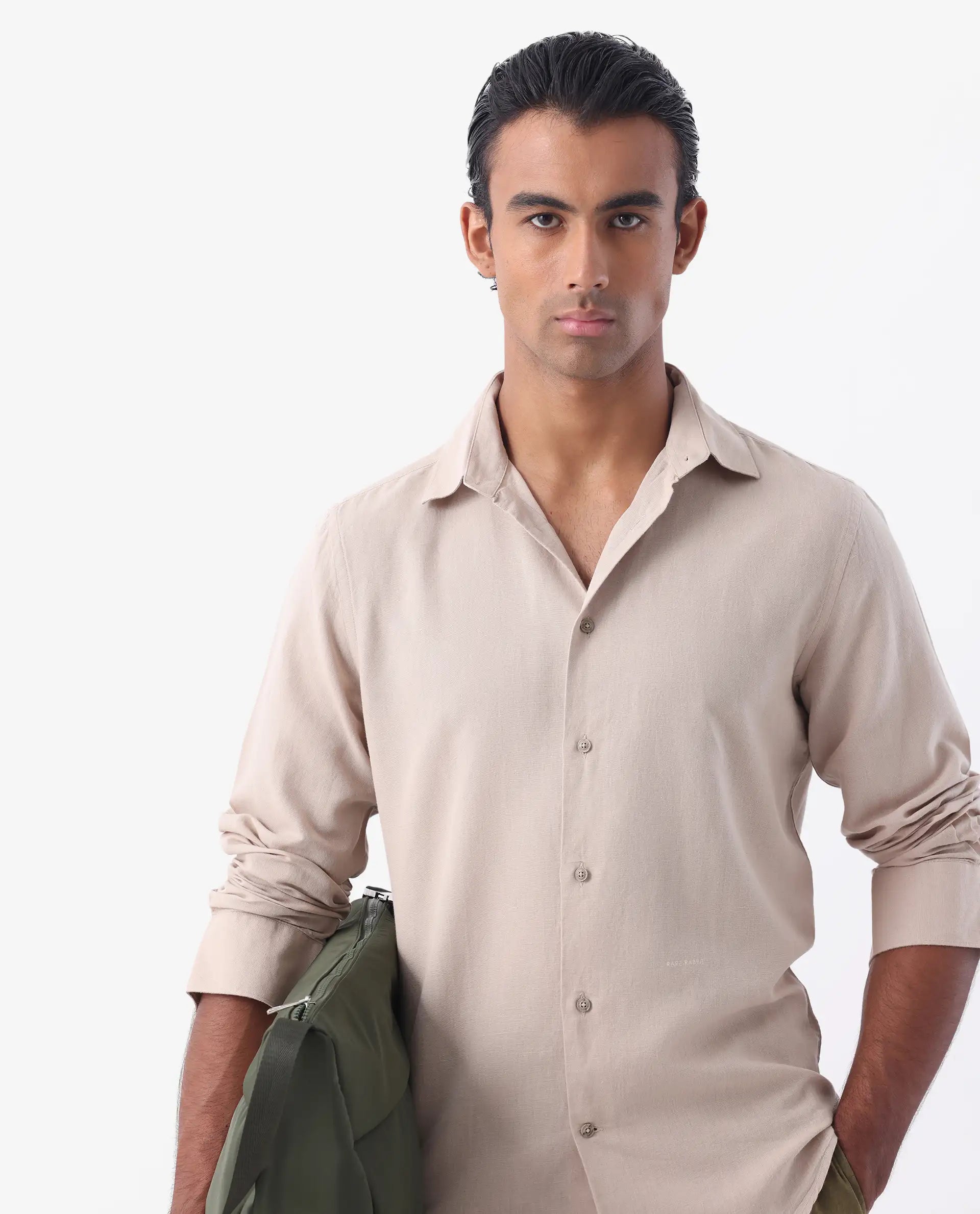 Rare Rabbit Men's Linux Light Beige Linen Blend Plain Regular Fit Full Sleeve Collared Shirt