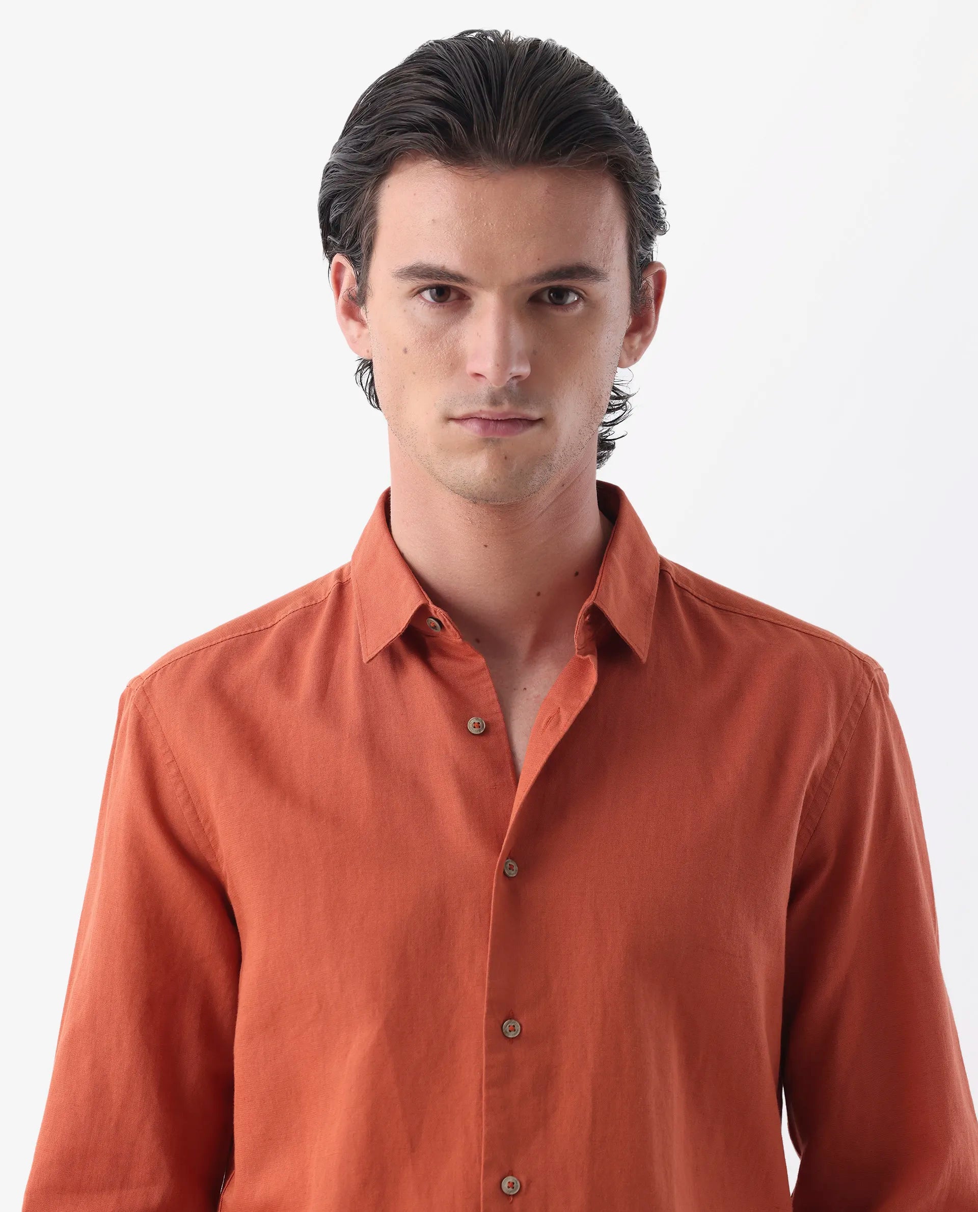 Rare Rabbit Men's Linux Orange Linen Blend Plain Regular Fit Full Sleeve Collared Shirt