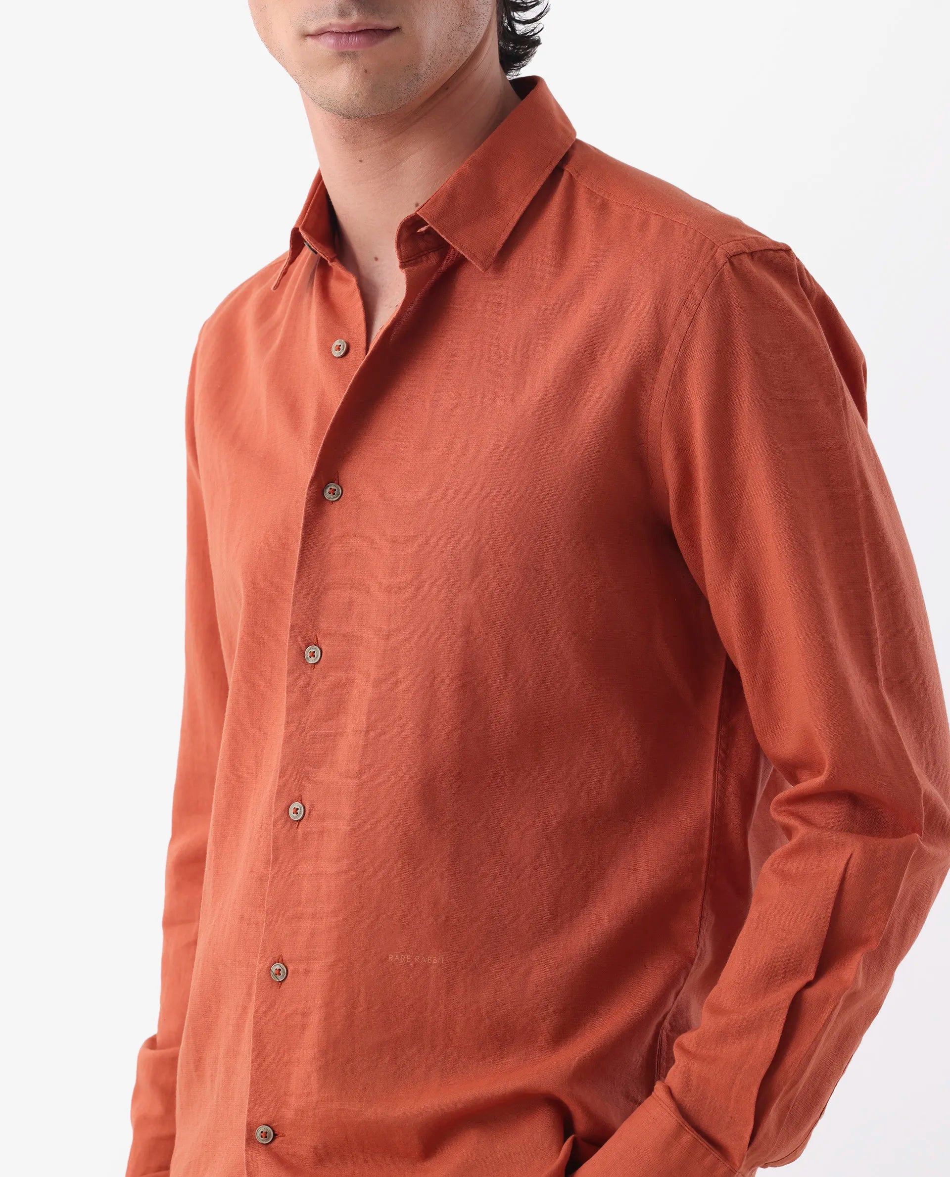 Rare Rabbit Men's Linux Orange Linen Blend Plain Regular Fit Full Sleeve Collared Shirt