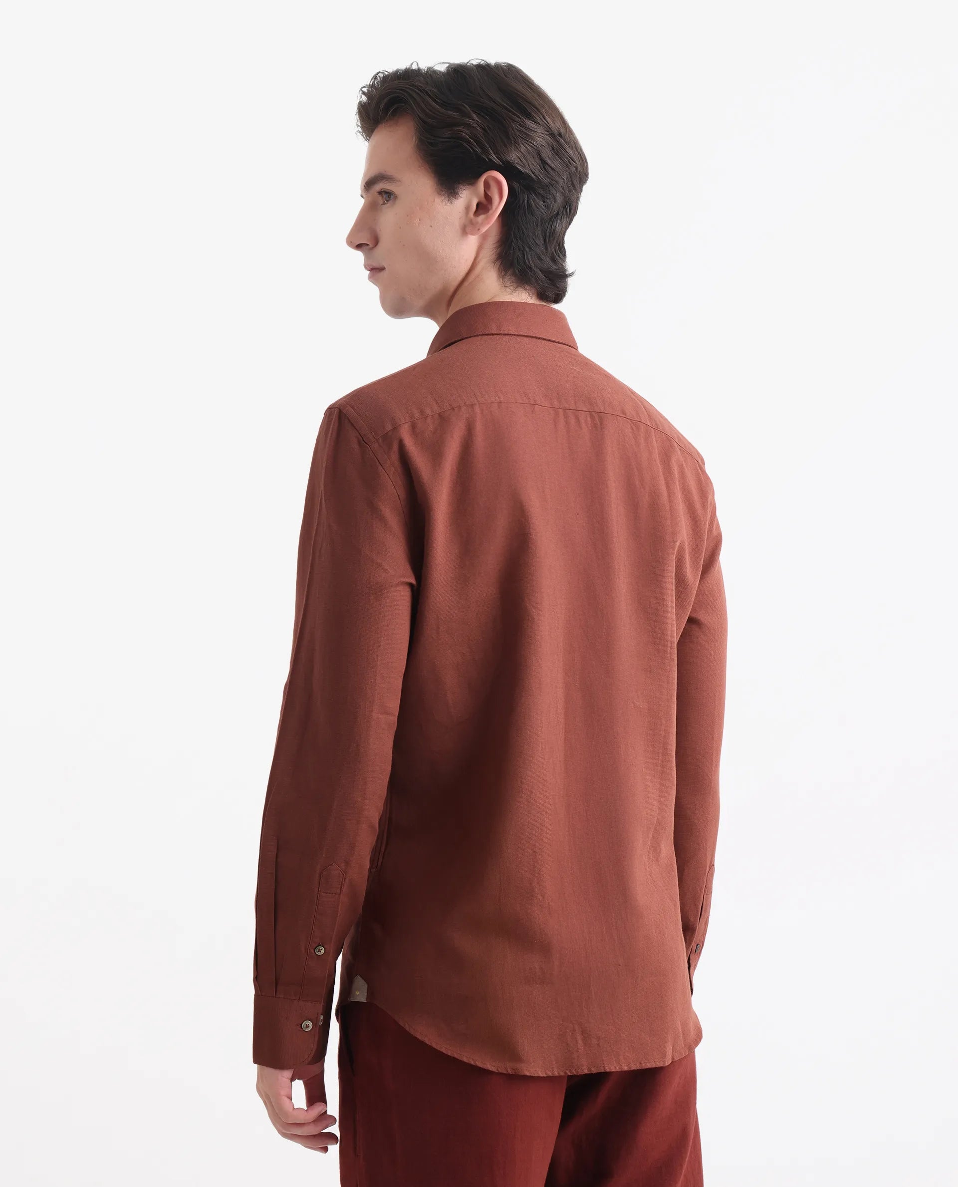 Rare Rabbit Men's Linux Rust Linen Blend Plain Regular Fit Full Sleeve Collared Shirt