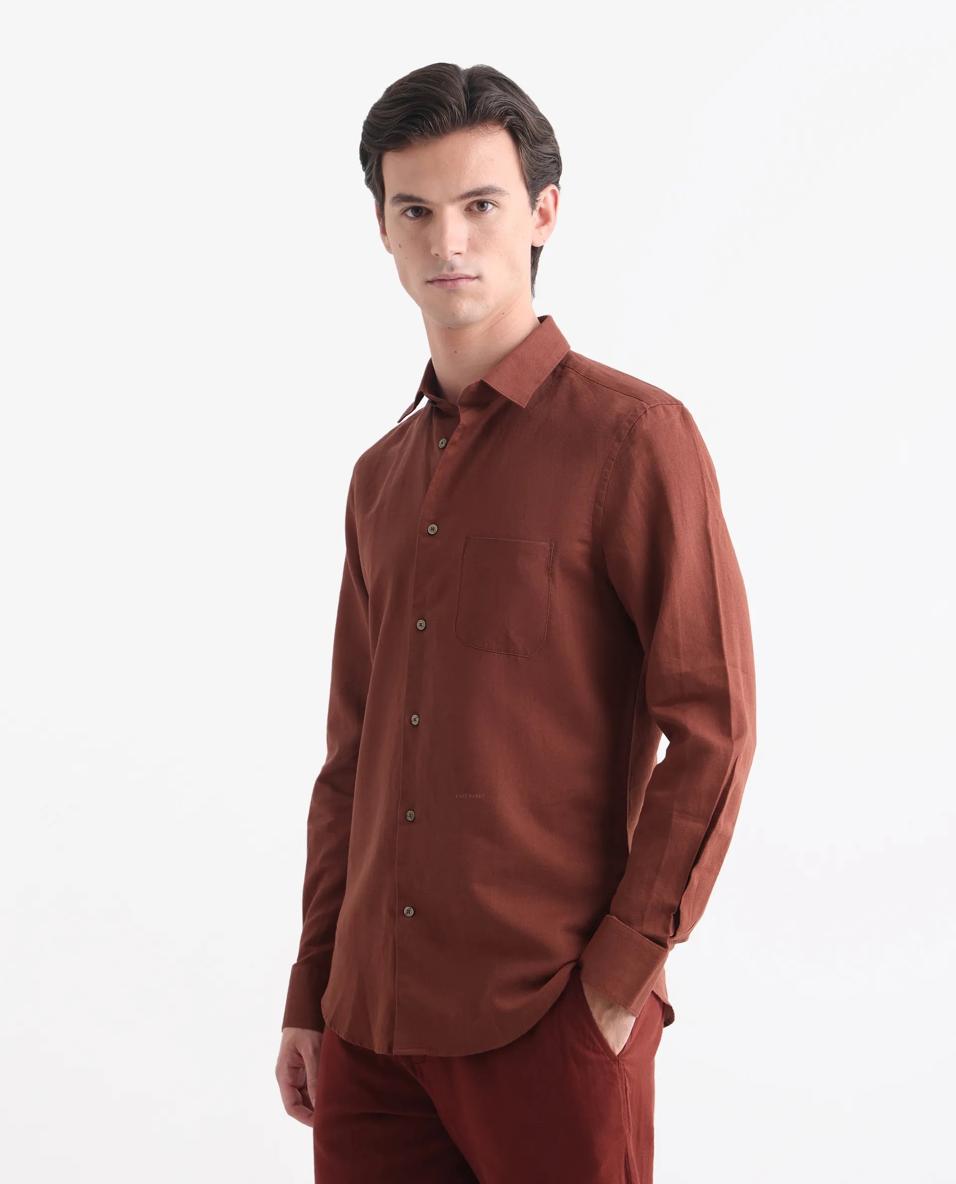 Rare Rabbit Men's Linux Rust Linen Blend Plain Regular Fit Full Sleeve Collared Shirt