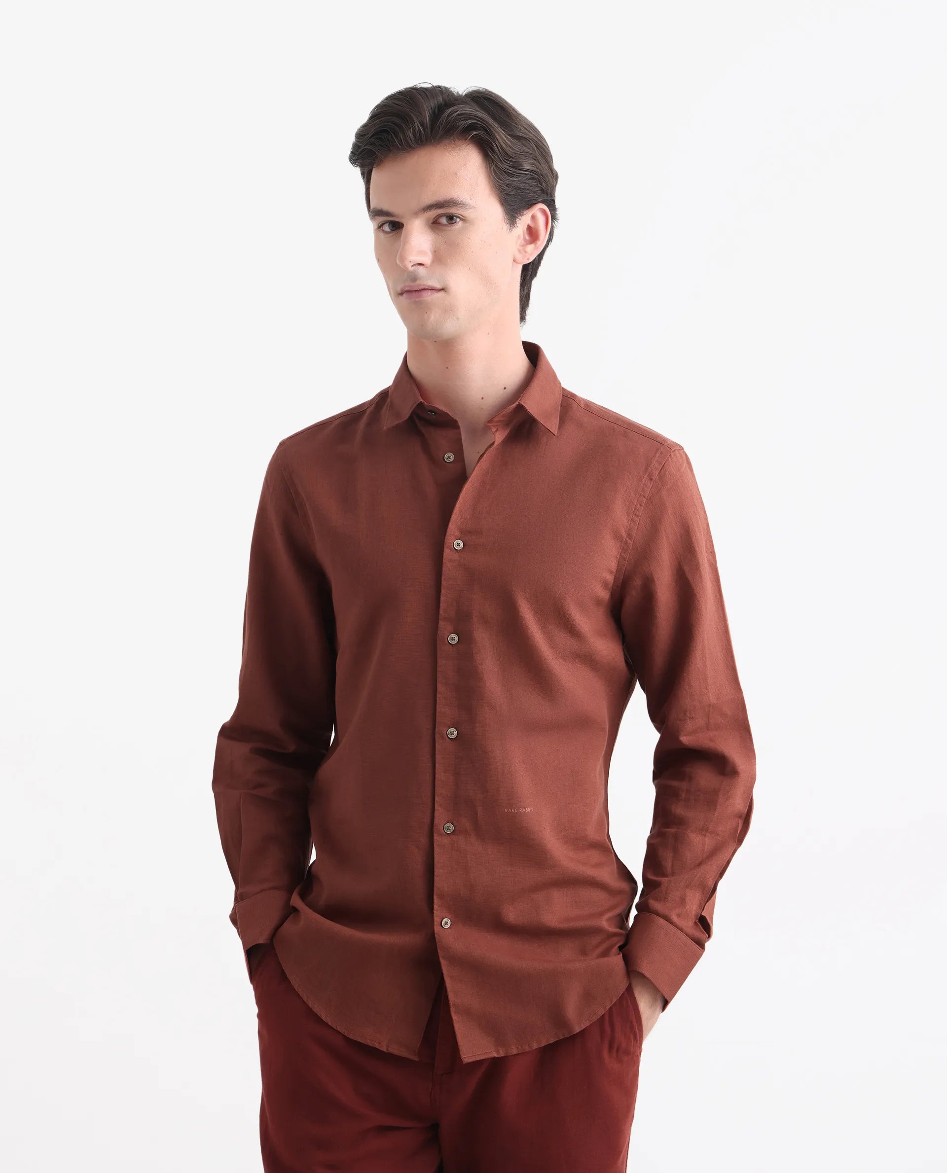 Rare Rabbit Men's Linux Rust Linen Blend Plain Regular Fit Full Sleeve Collared Shirt