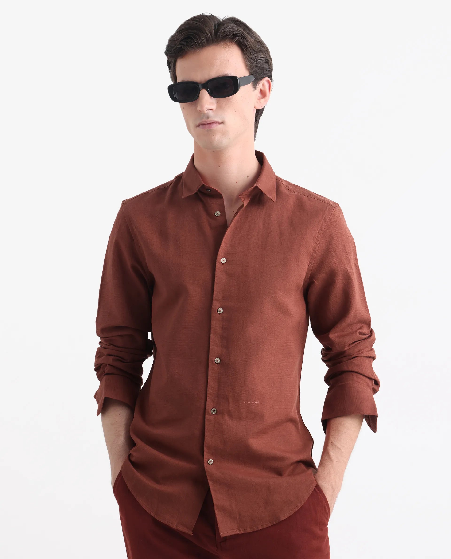 Rare Rabbit Men's Linux Rust Linen Blend Plain Regular Fit Full Sleeve Collared Shirt