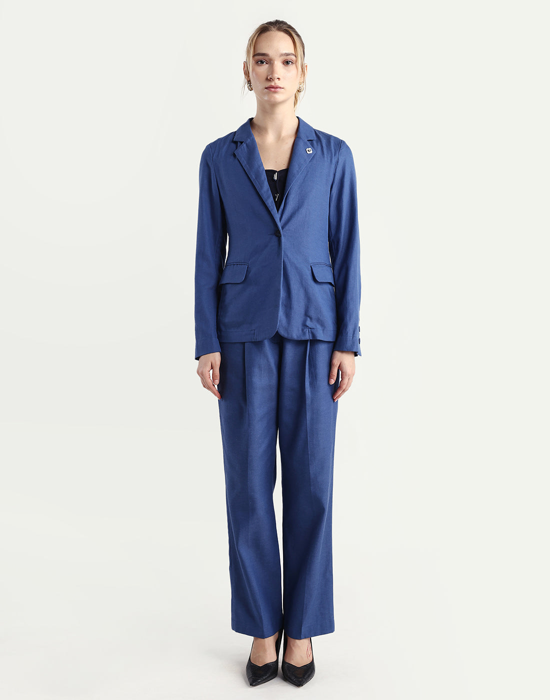 Rareism Women's Linzy-B Blue 100% Linen Straight Plain Trouser