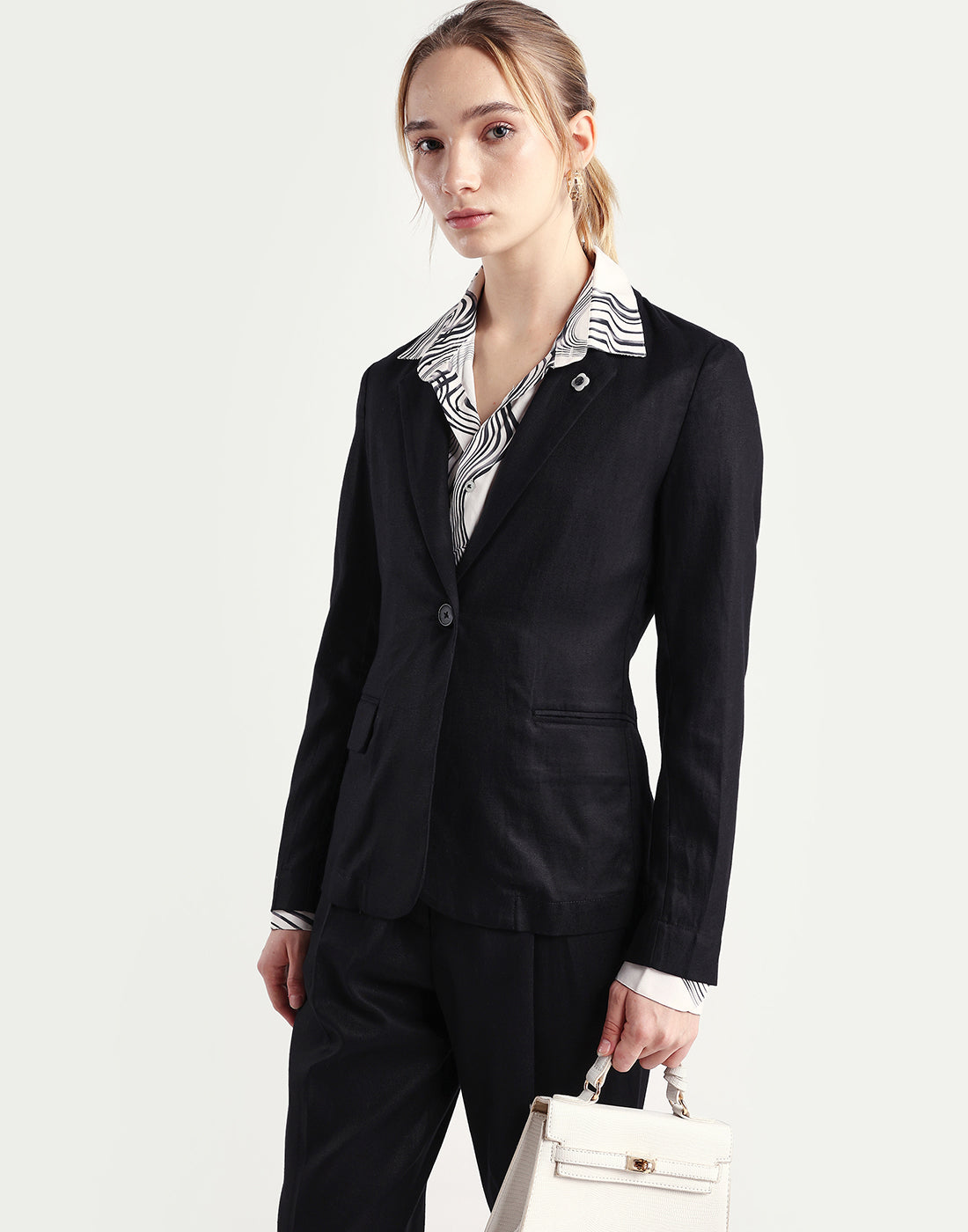 Rareism Women's Linzy-T Black 100% Linen Full Sleeve Lapel Neck Regular Plain Blazer