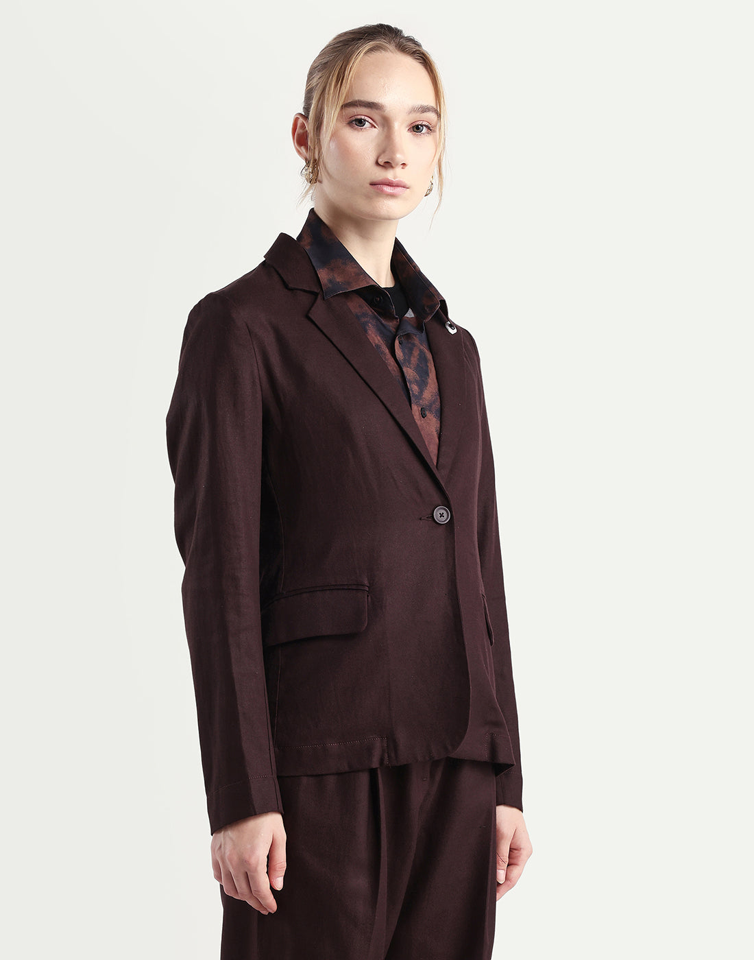 Rareism Women's Linzy-T Brown 100% Linen Full Sleeve Lapel Neck Regular Plain Blazer