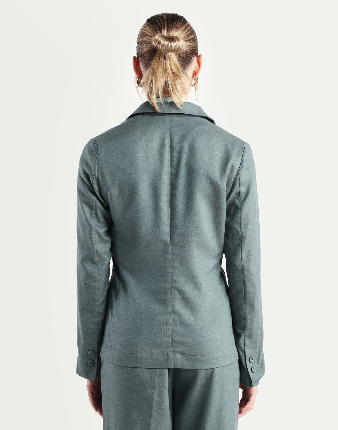 Rareism Women's Linzy-T Dusky Green 100% Linen Full Sleeve Lapel Neck Regular Plain Blazer