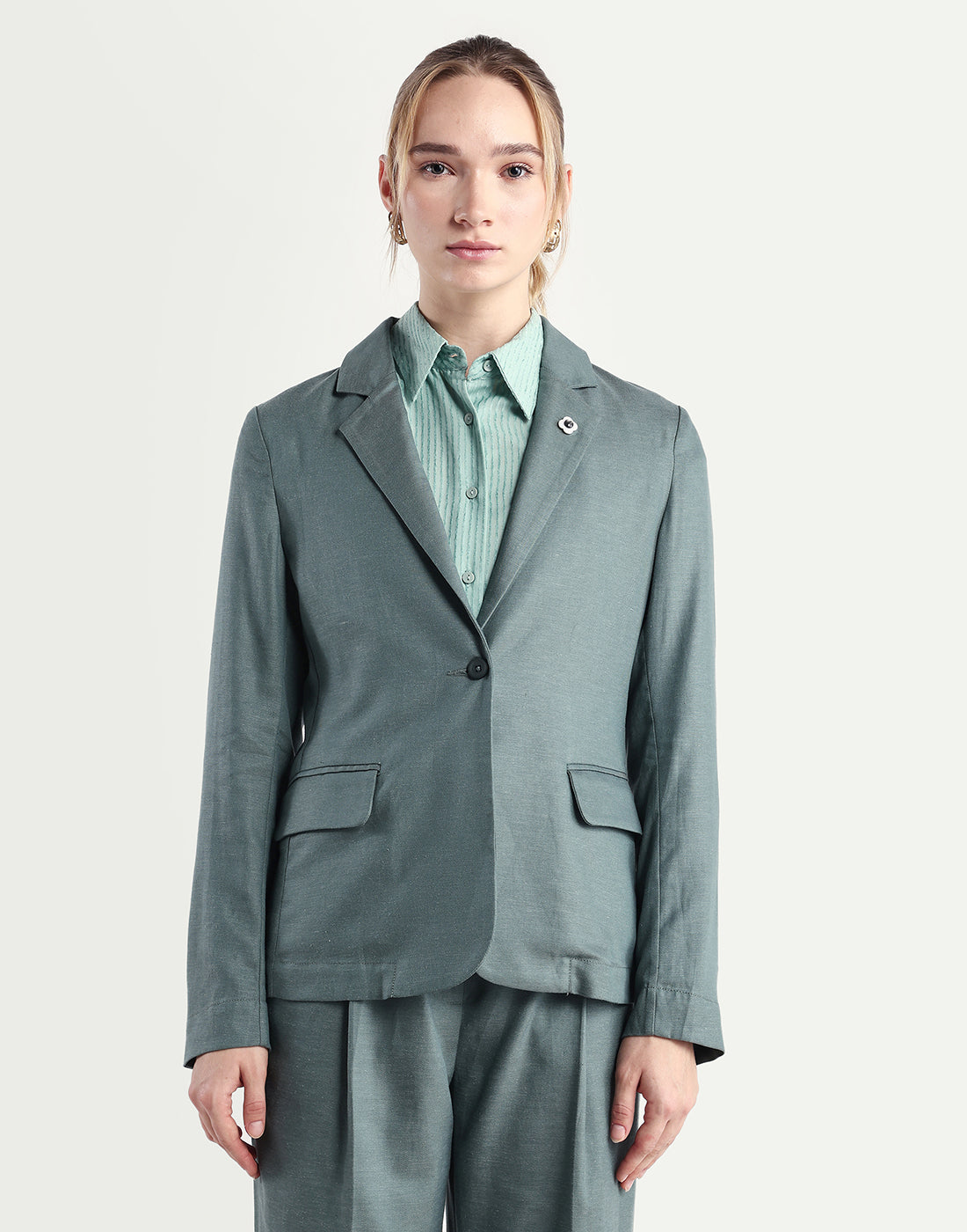 Rareism Women's Linzy-T Dusky Green 100% Linen Full Sleeve Lapel Neck Regular Plain Blazer