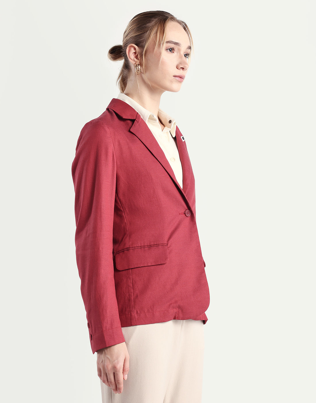 Rareism Women's Linzy-T Red 100% Linen Full Sleeve Lapel Neck Regular Plain Blazer