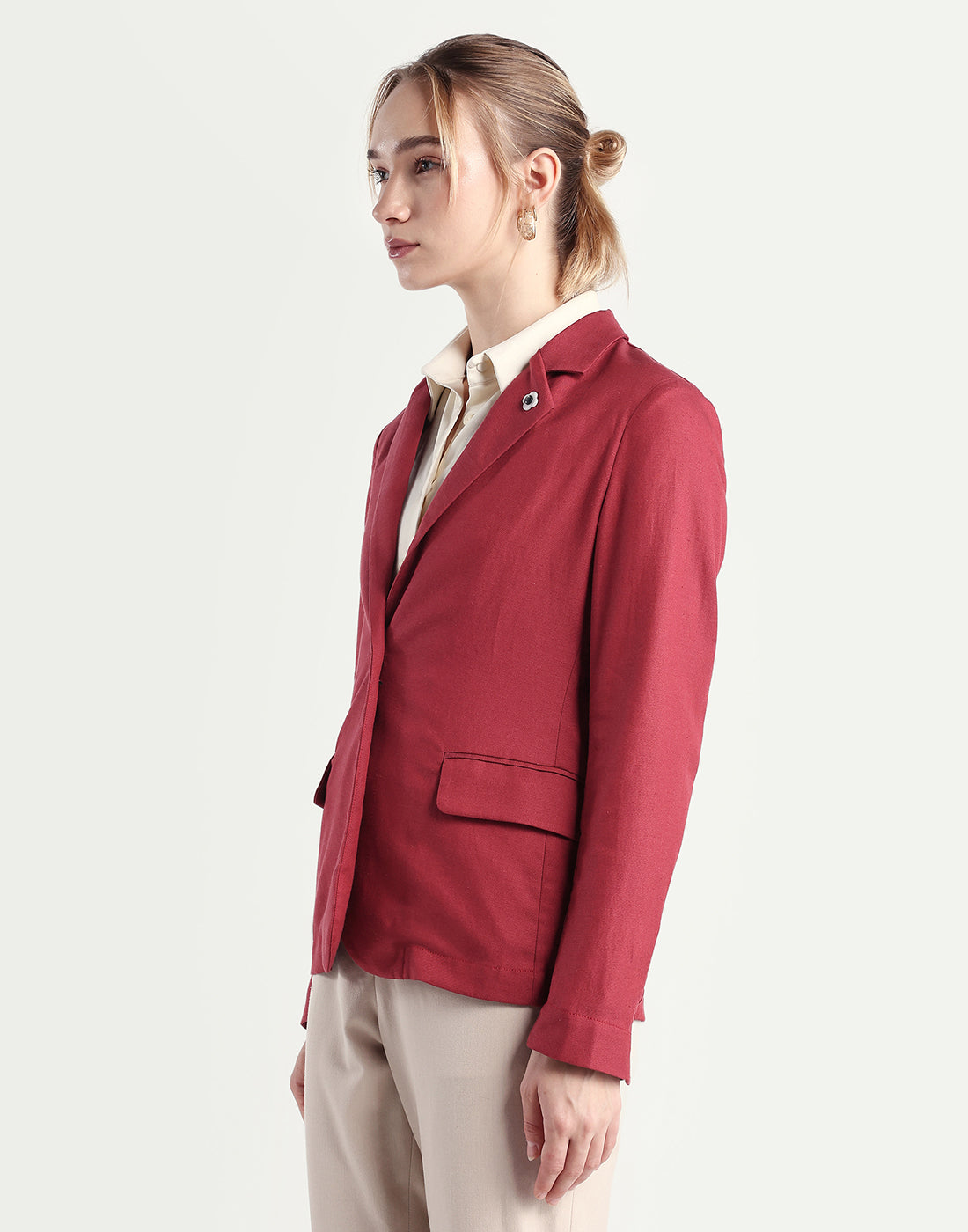 Rareism Women's Linzy-T Red 100% Linen Full Sleeve Lapel Neck Regular Plain Blazer