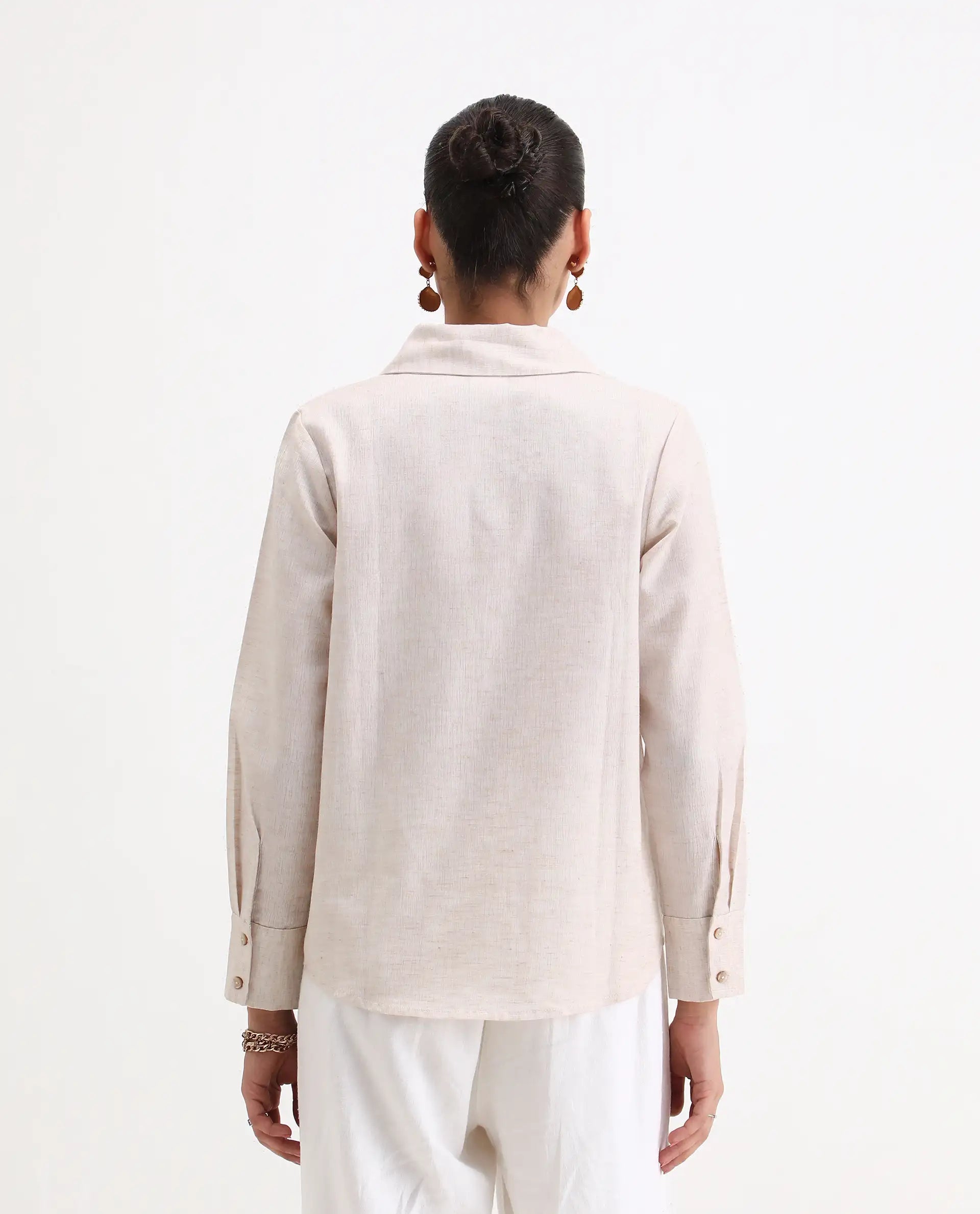 Rareism Women's Lippta Beige Polyester Spread Collar Plain Cuffed Sleeve Regular Fit Top