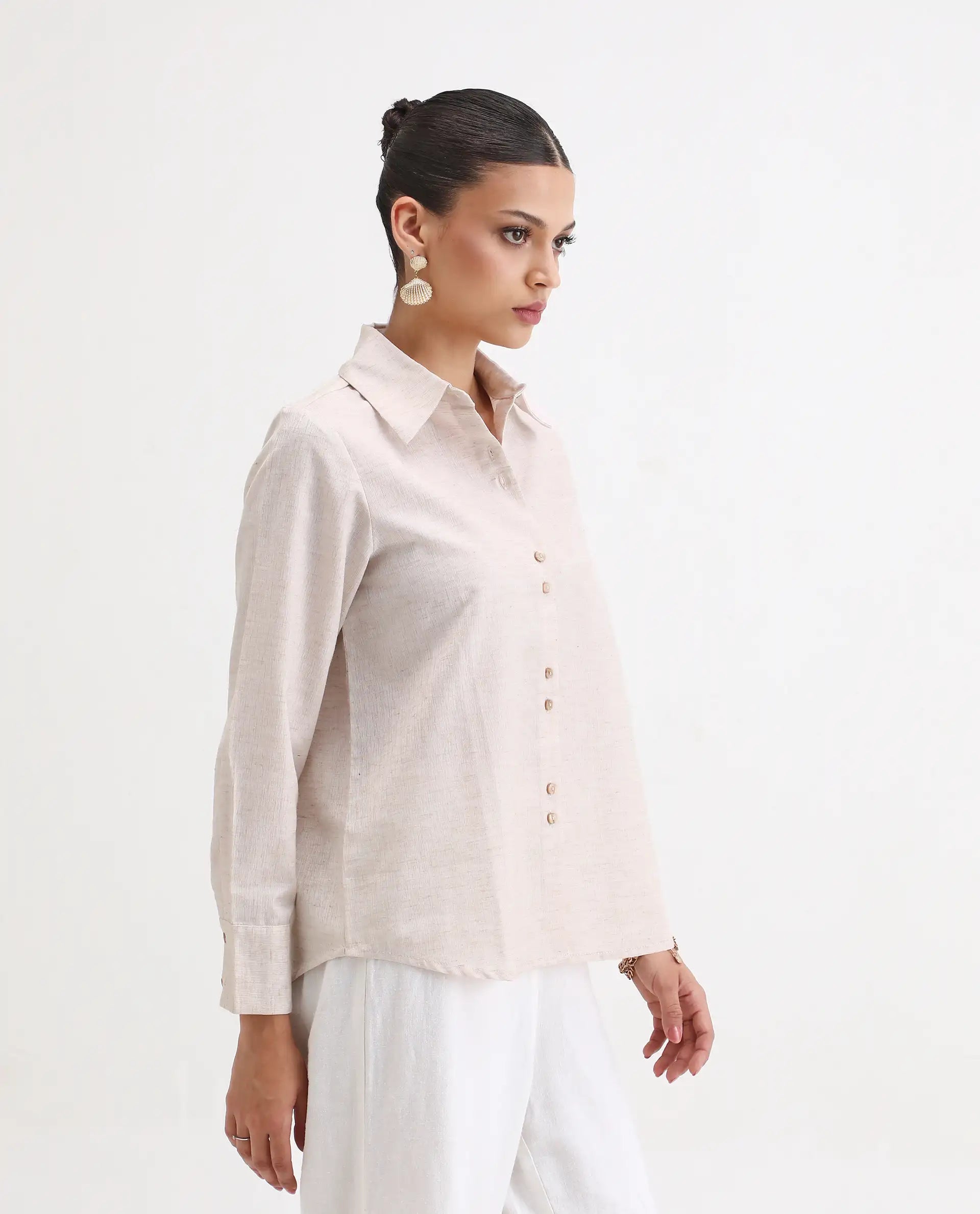 Rareism Women's Lippta Beige Polyester Spread Collar Plain Cuffed Sleeve Regular Fit Top