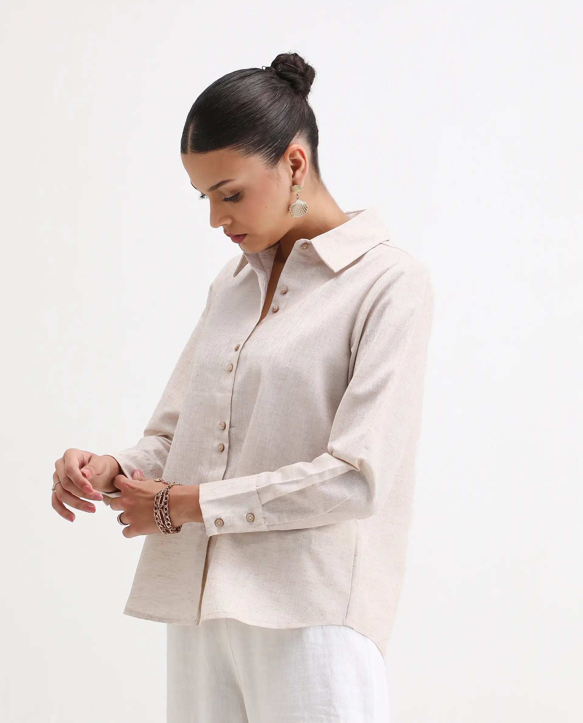 Rareism Women's Lippta Beige Polyester Spread Collar Plain Cuffed Sleeve Regular Fit Top