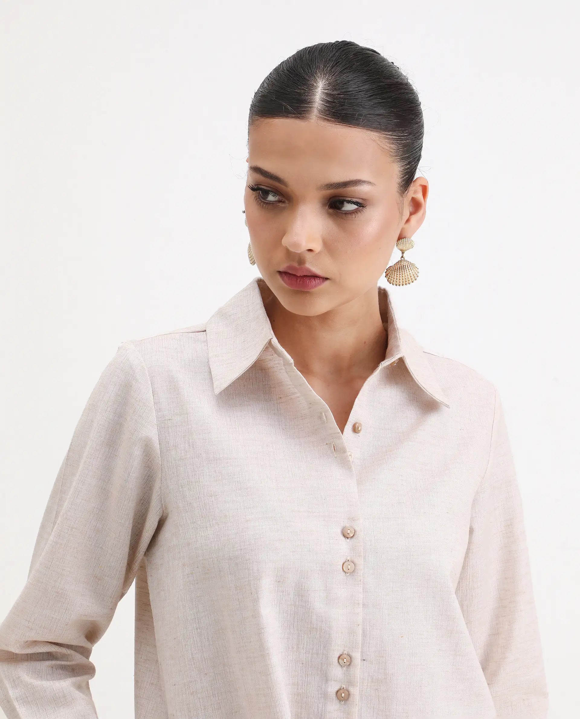 Rareism Women's Lippta Beige Polyester Spread Collar Plain Cuffed Sleeve Regular Fit Top