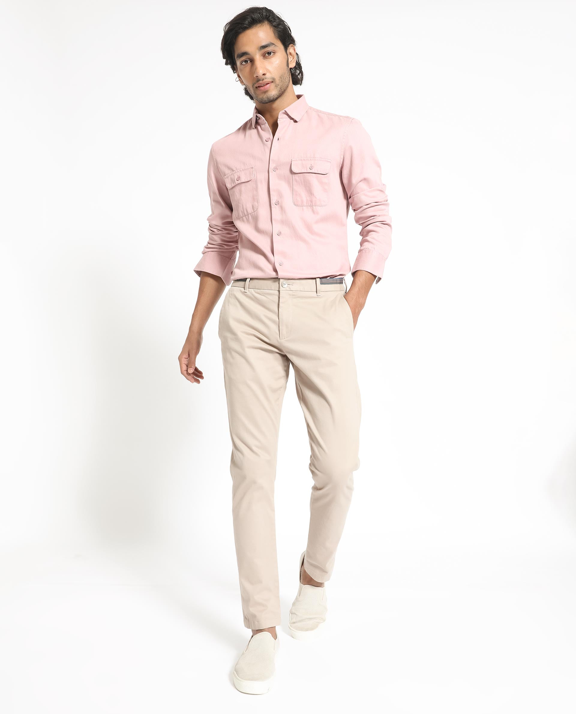 Rare Rabbit Men's Lipton Light Peach Cotton Fabric Full Sleeves Twill Shirt