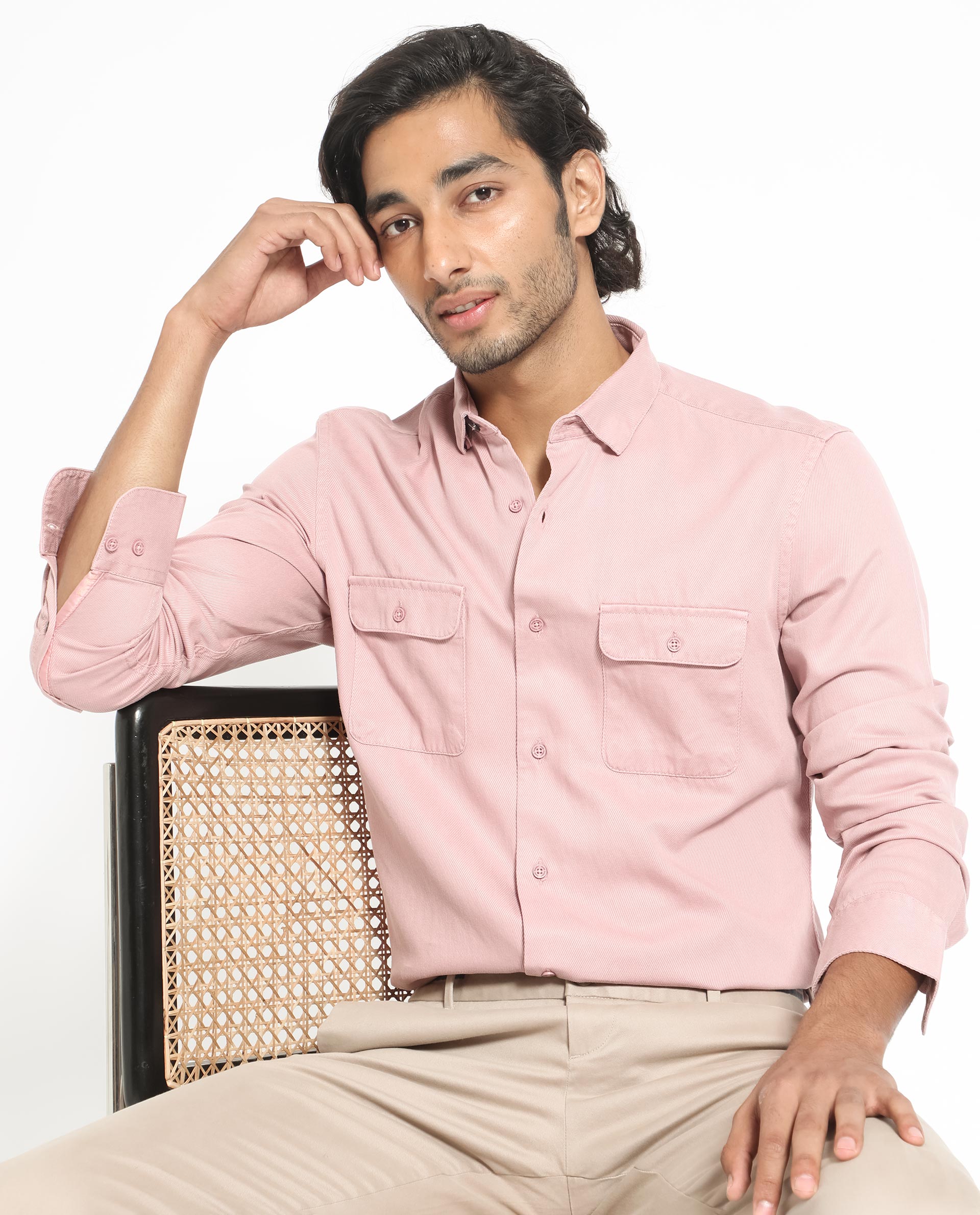 Rare Rabbit Men's Lipton Light Peach Cotton Fabric Full Sleeves Twill Shirt