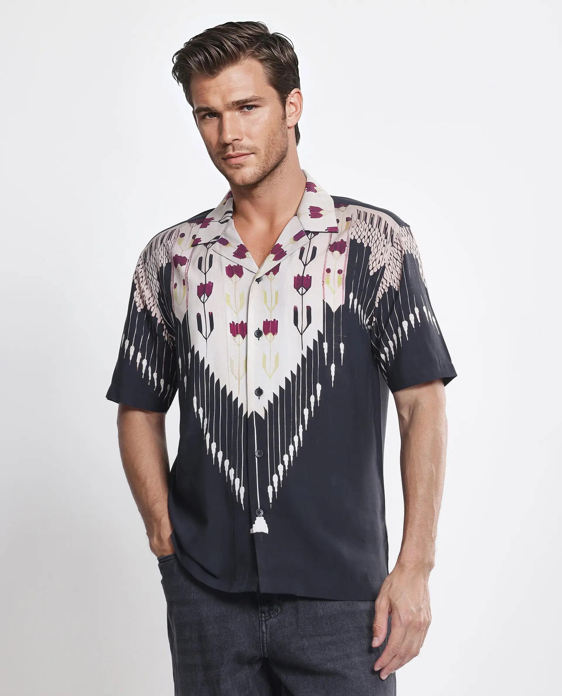 Rare Rabit Men's Lisat Black Half Sleeve Cuban Collar Shirt