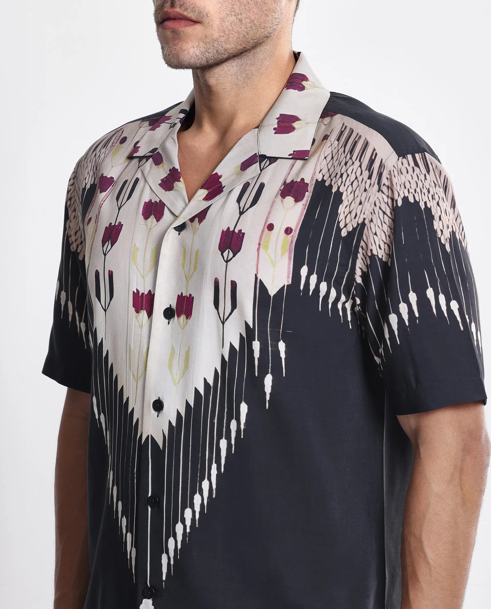 Rare Rabit Men's Lisat Black Half Sleeve Cuban Collar Shirt