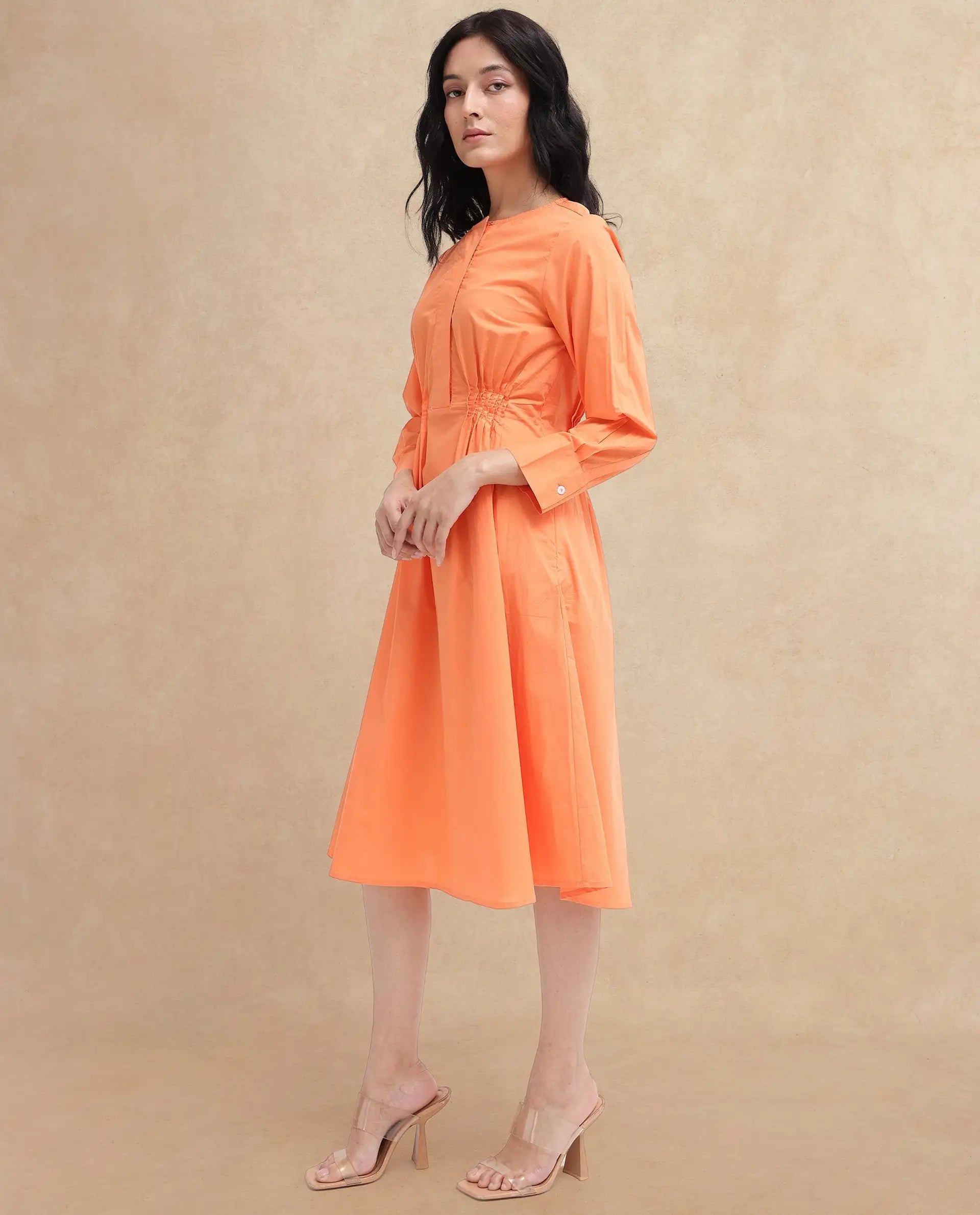 Rareism Women's Lister Orange Cotton Crew Neck Plain Cuffed Sleeve Midi Fit And Flare Dress