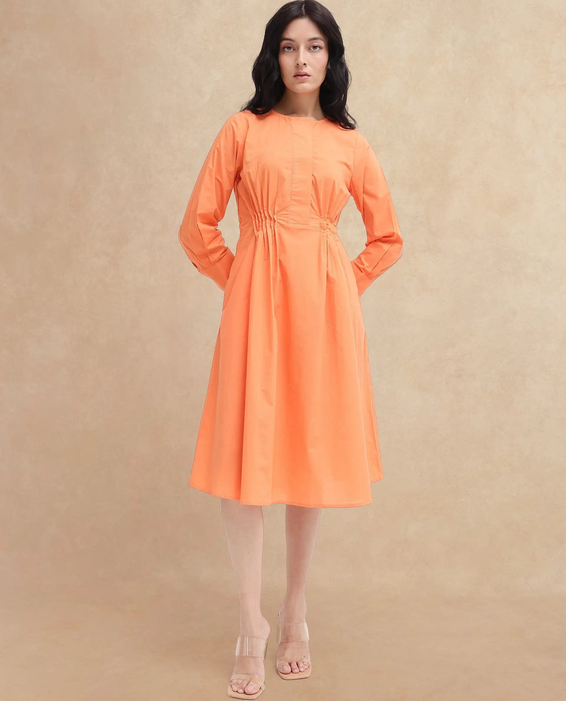 Rareism Women's Lister Orange Cotton Crew Neck Plain Cuffed Sleeve Midi Fit And Flare Dress