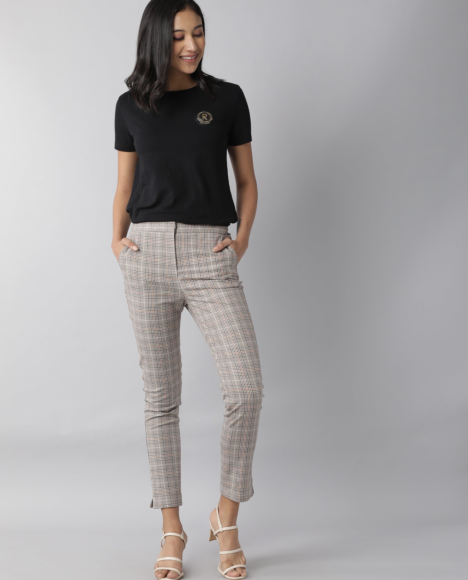 Rareism Womens Livon Beige Trouser High Waist Slim Fit Ankle Length