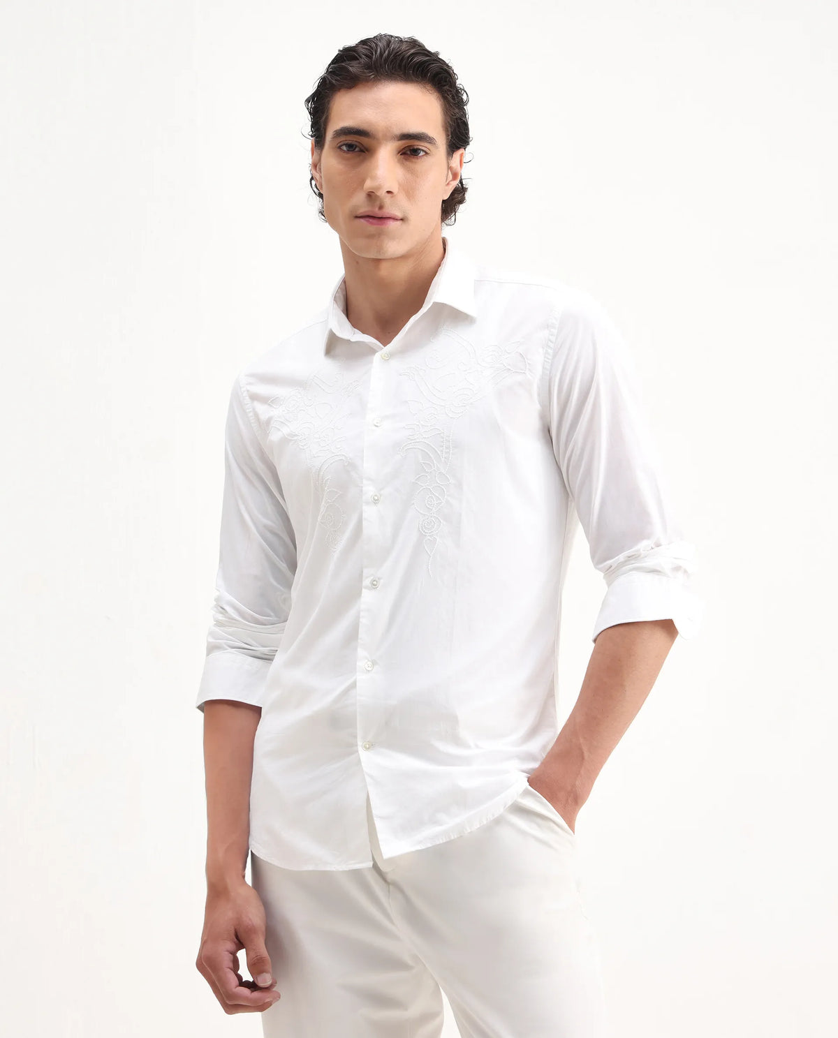 Rare Rabbit Men's Livio White Cotton Embroidered Regular Fit Full Sleeve Collared Shirt