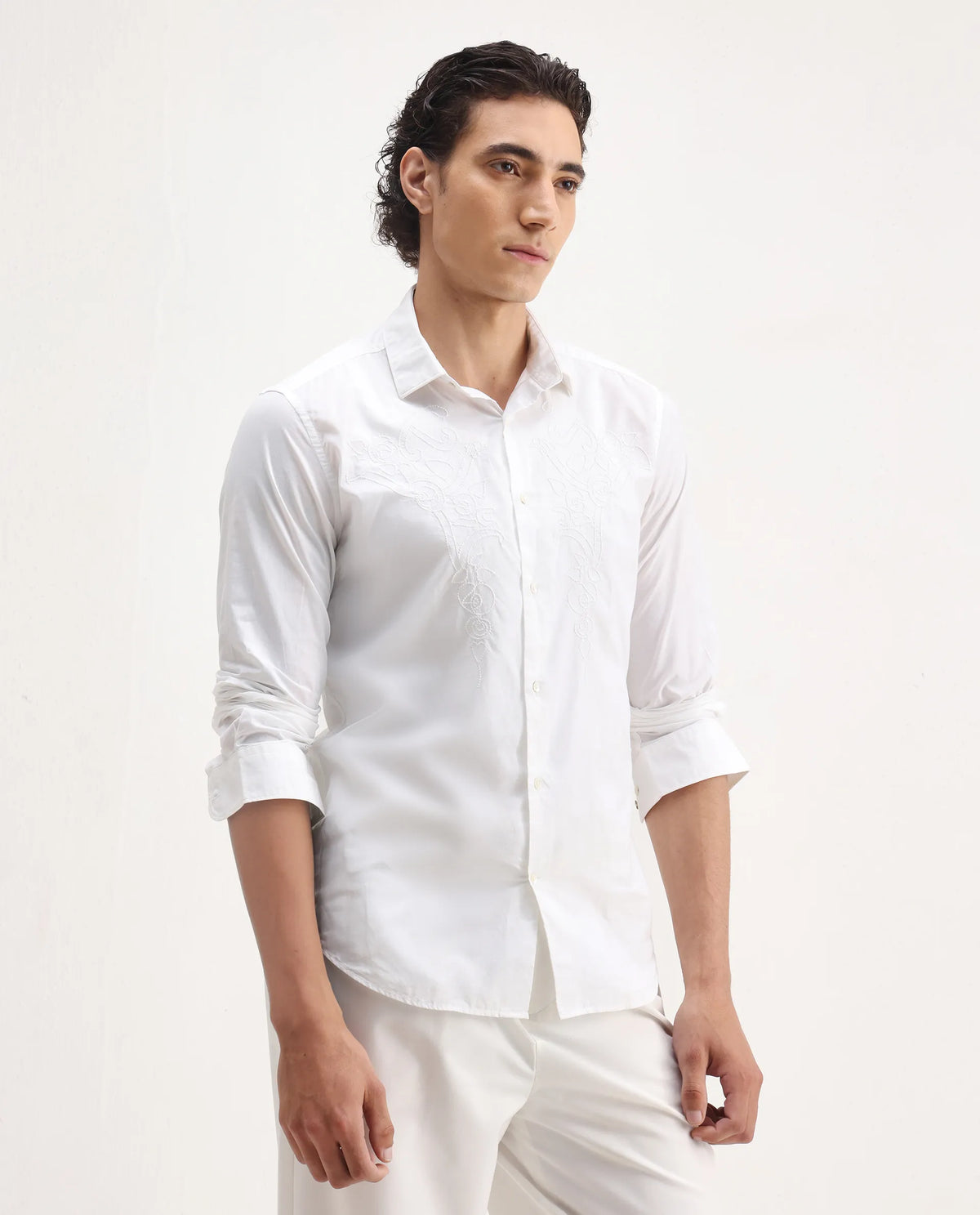 Rare Rabbit Men's Livio White Cotton Embroidered Regular Fit Full Sleeve Collared Shirt