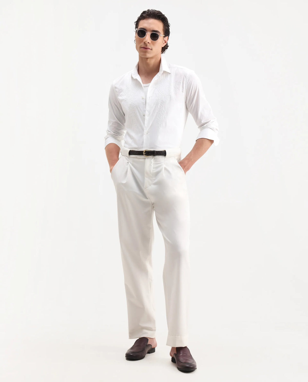 Rare Rabbit Men's Livio White Cotton Embroidered Regular Fit Full Sleeve Collared Shirt
