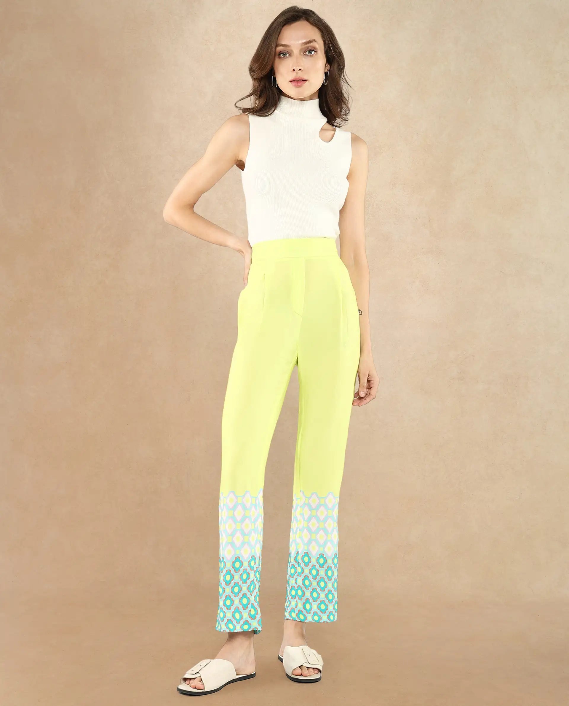 Rareism Women Livorno Light Multi Button Closure Straight Fit Ankle Length Geometric Print Trouser