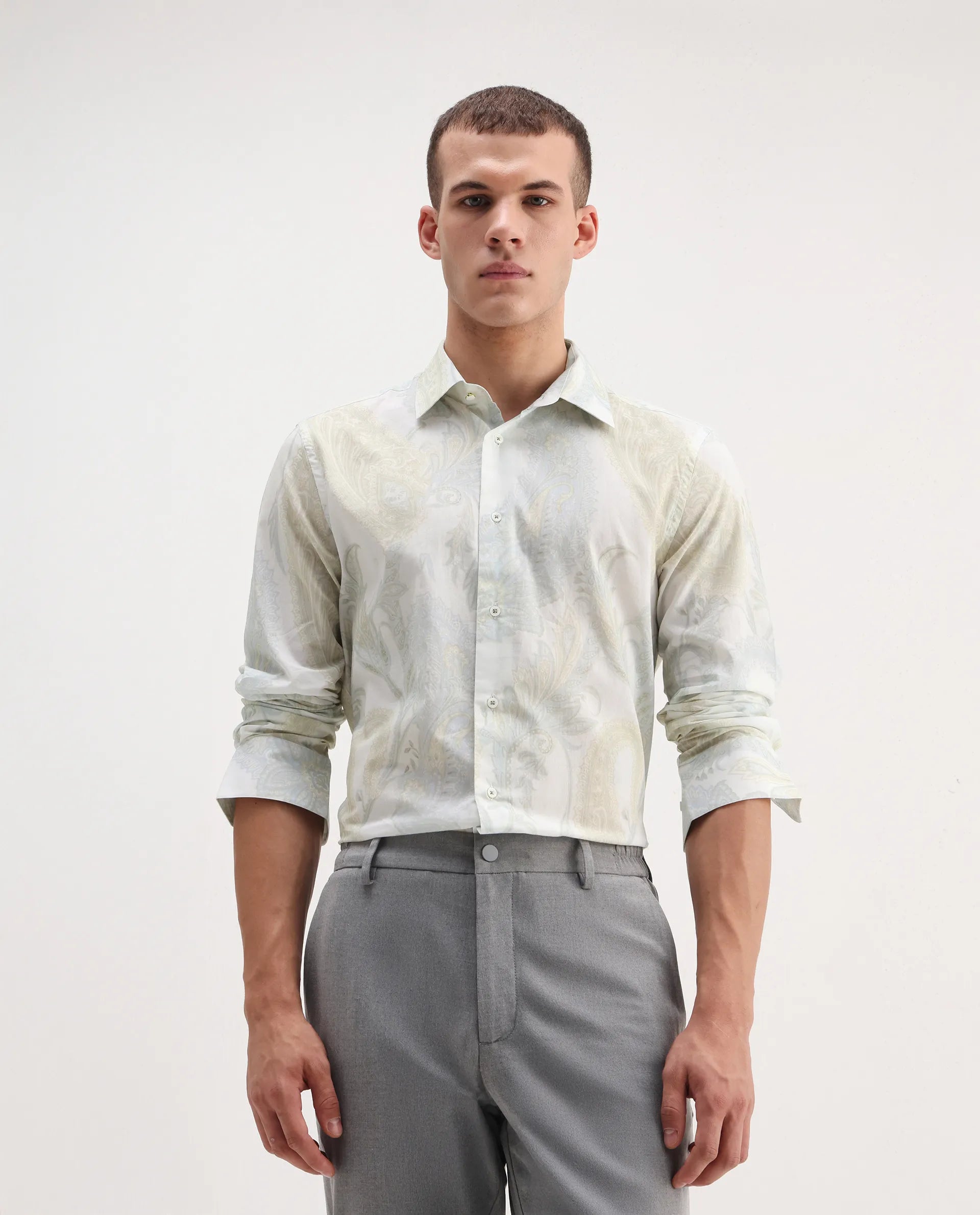 Rare Rabbit Men's Livra Off White Cotton Blend Paisley Print Regular Fit Full Sleeve Collared Shirt