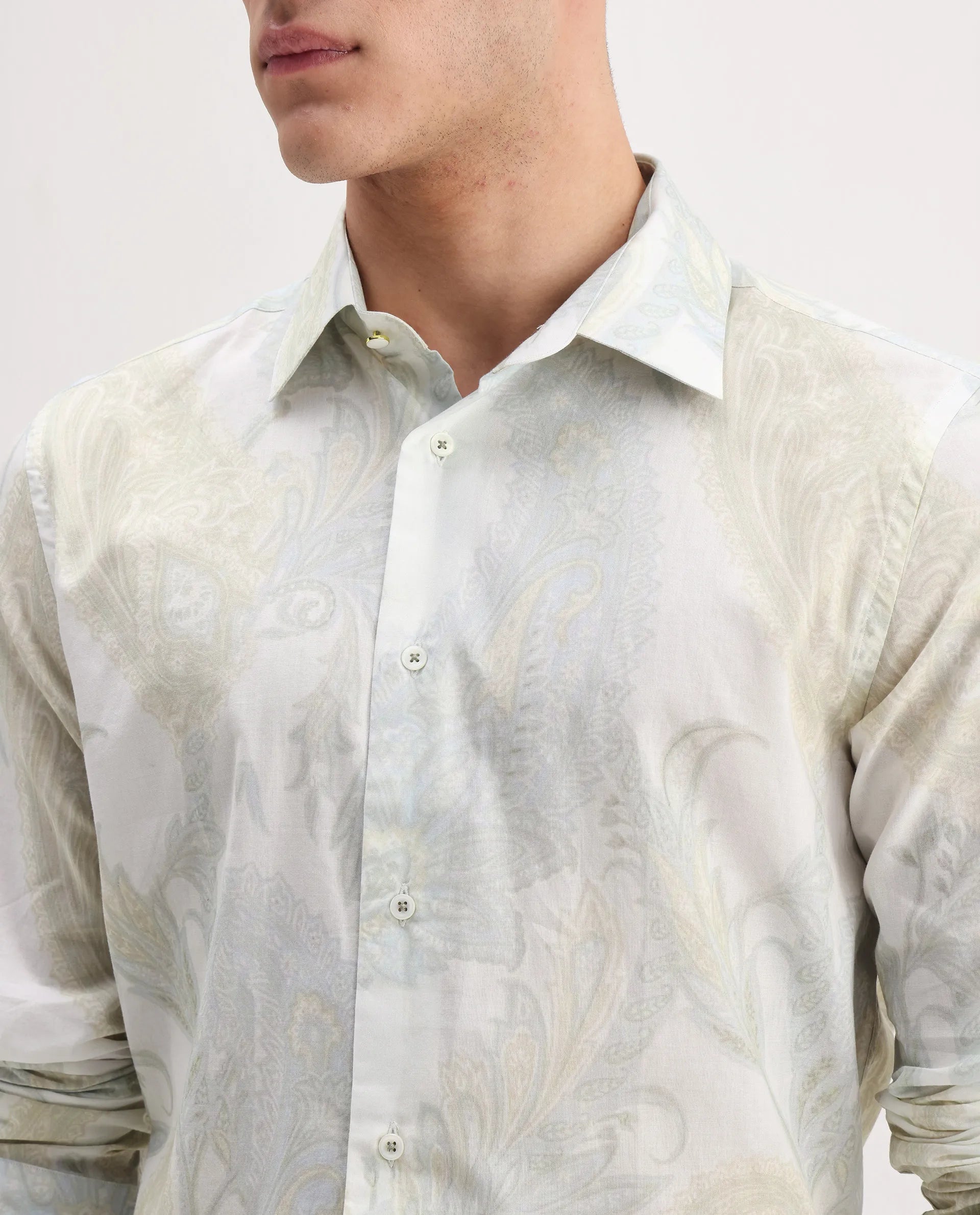 Rare Rabbit Men's Livra Off White Cotton Blend Paisley Print Regular Fit Full Sleeve Collared Shirt