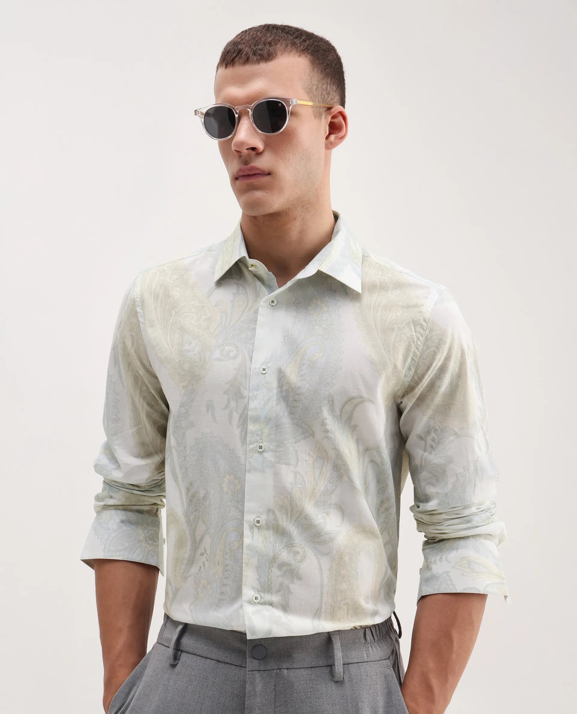 Rare Rabbit Men's Livra Off White Cotton Blend Paisley Print Regular Fit Full Sleeve Collared Shirt