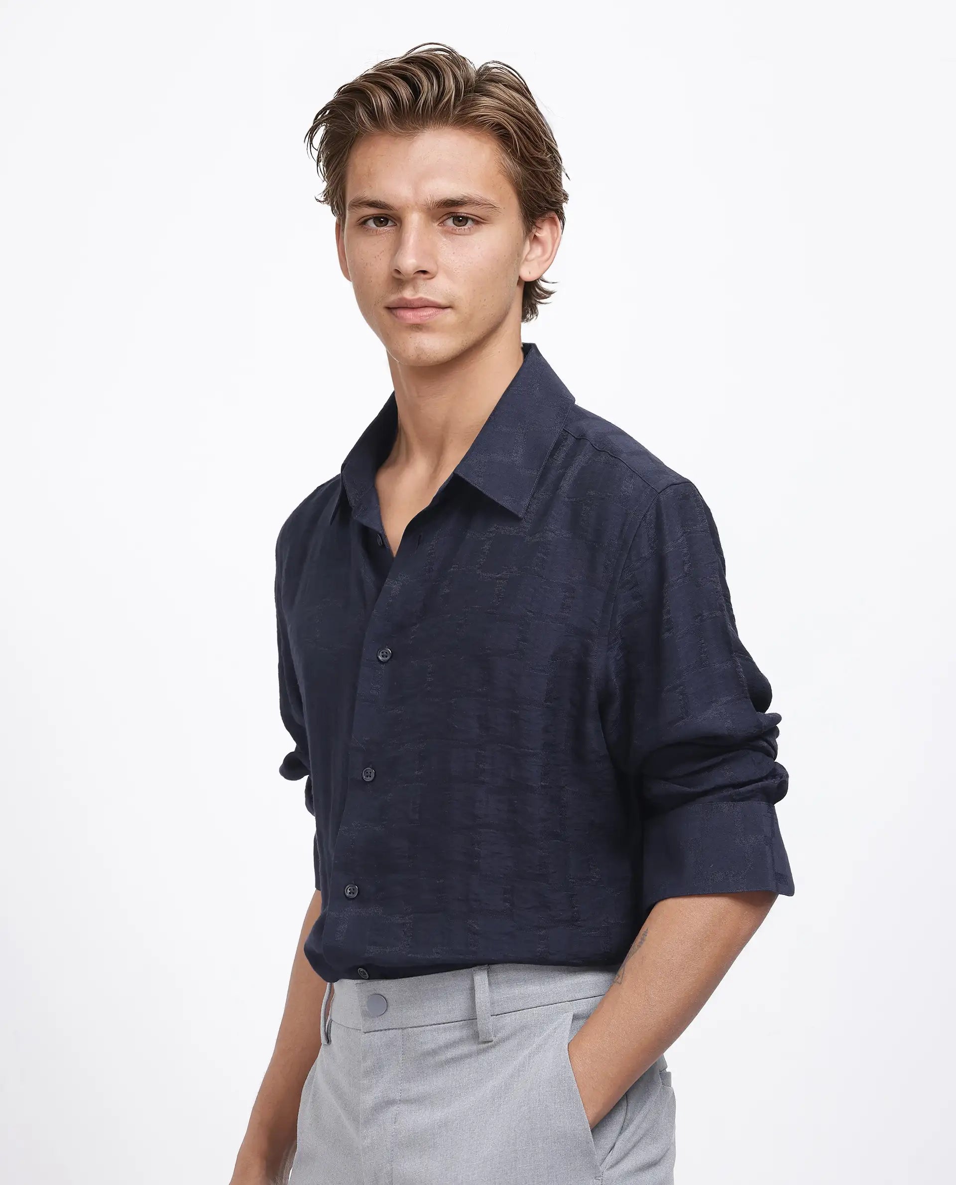 Rare Rabbit Men's Lixu Dark Navy Viscose Nylon Fabric Full Sleeve Collared Neck Button Closure Jacquard Shirt