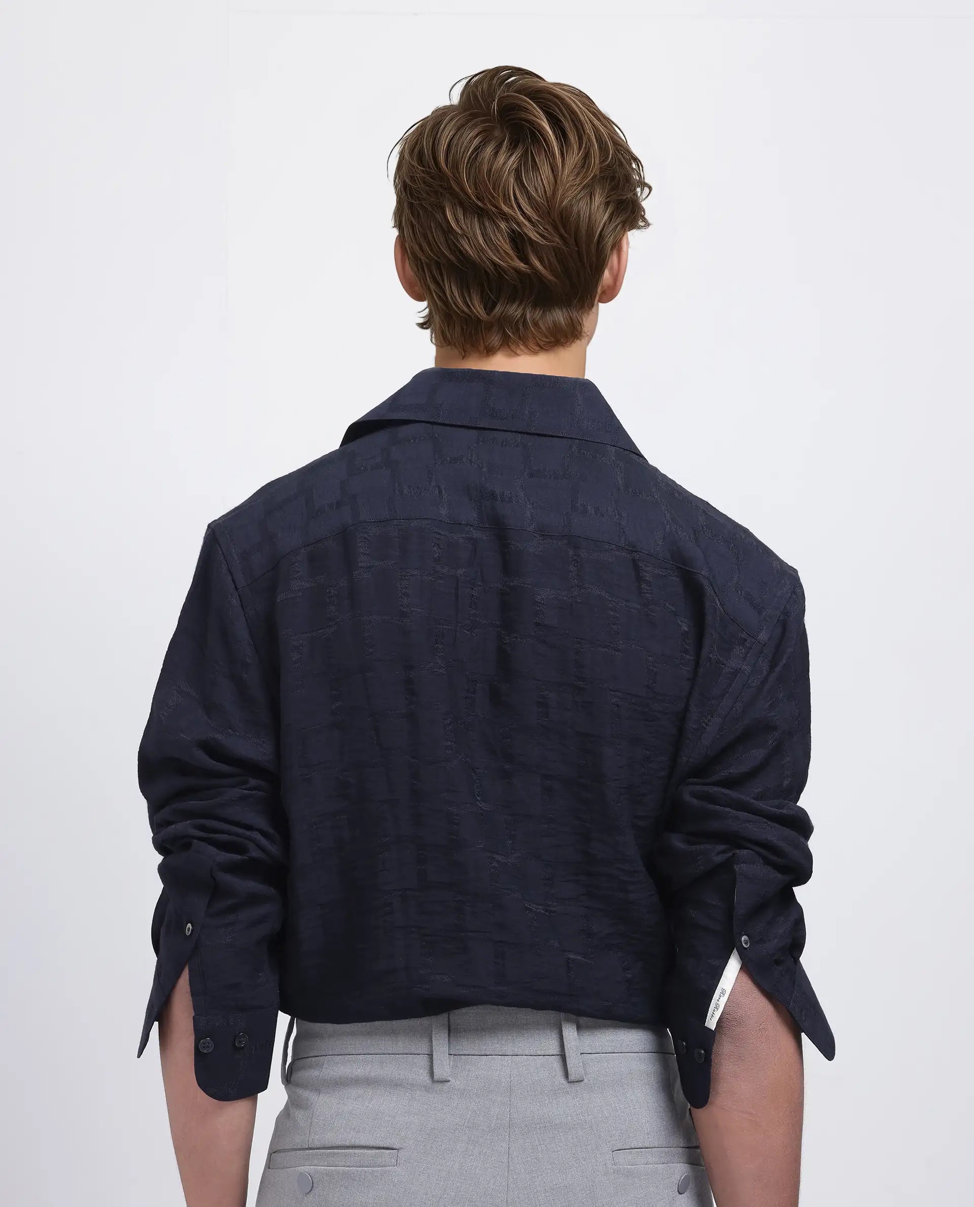 Rare Rabbit Men's Lixu Dark Navy Viscose Nylon Fabric Full Sleeve Collared Neck Button Closure Jacquard Shirt