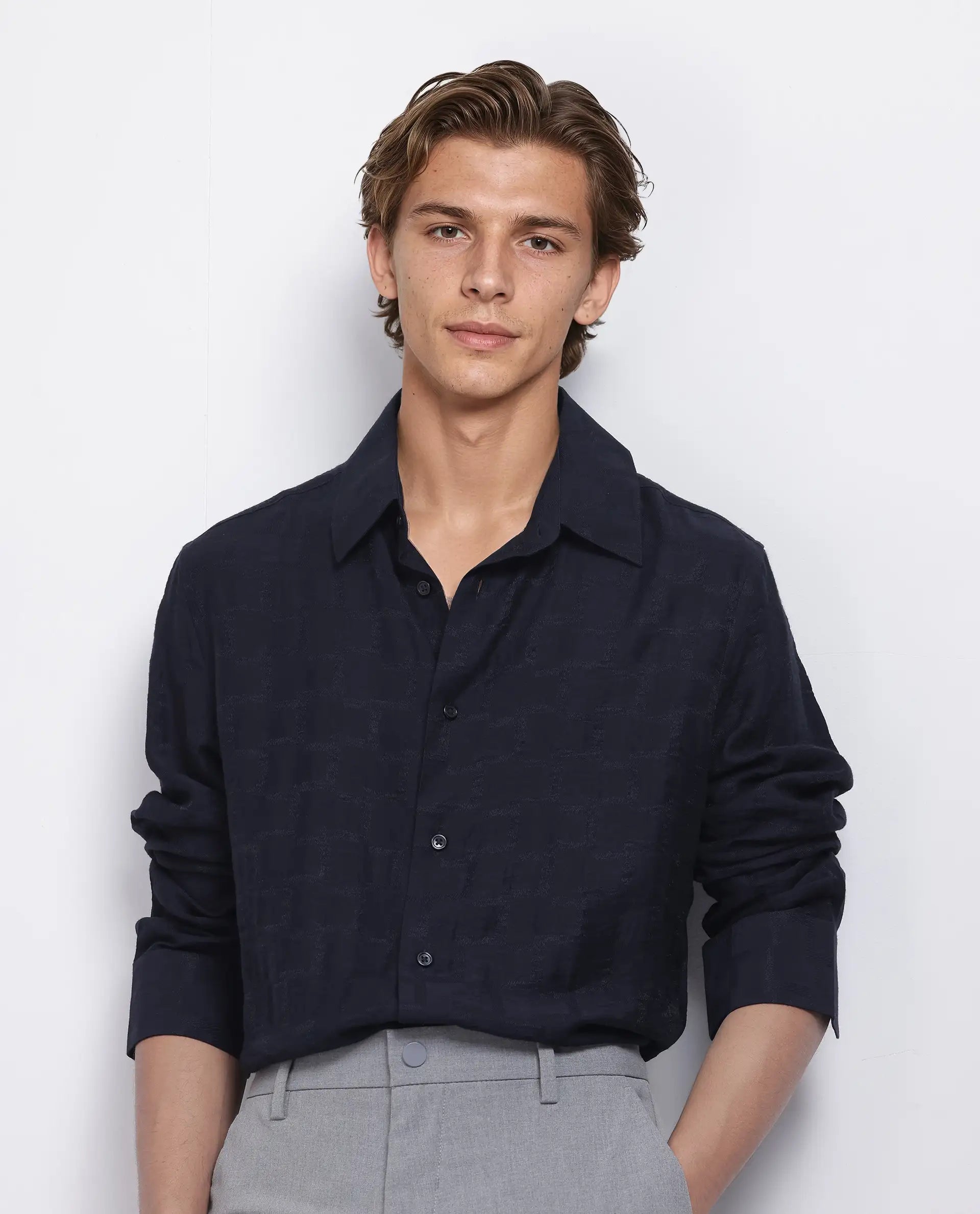 Rare Rabbit Men's Lixu Dark Navy Viscose Nylon Fabric Full Sleeve Collared Neck Button Closure Jacquard Shirt