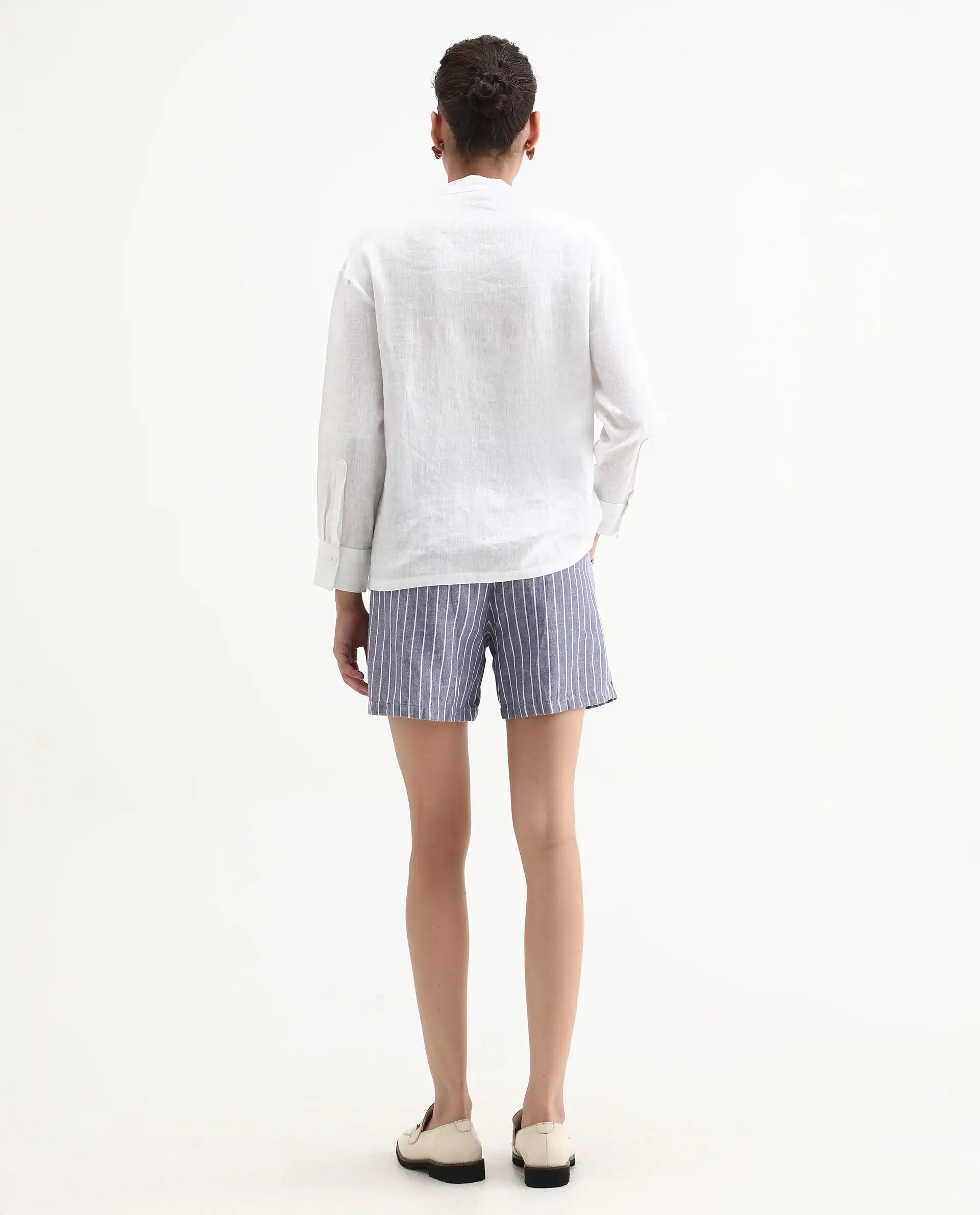 Rareism Women's Liya Blue Linen Striped Regular Fit Shorts