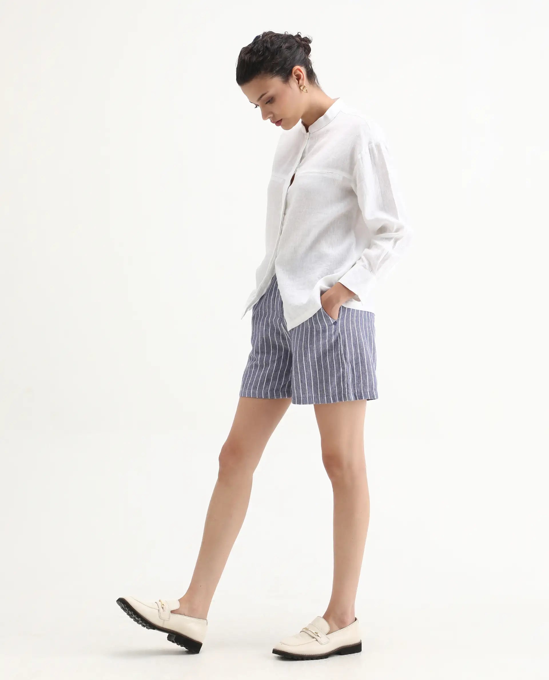 Rareism Women's Liya Blue Linen Striped Regular Fit Shorts