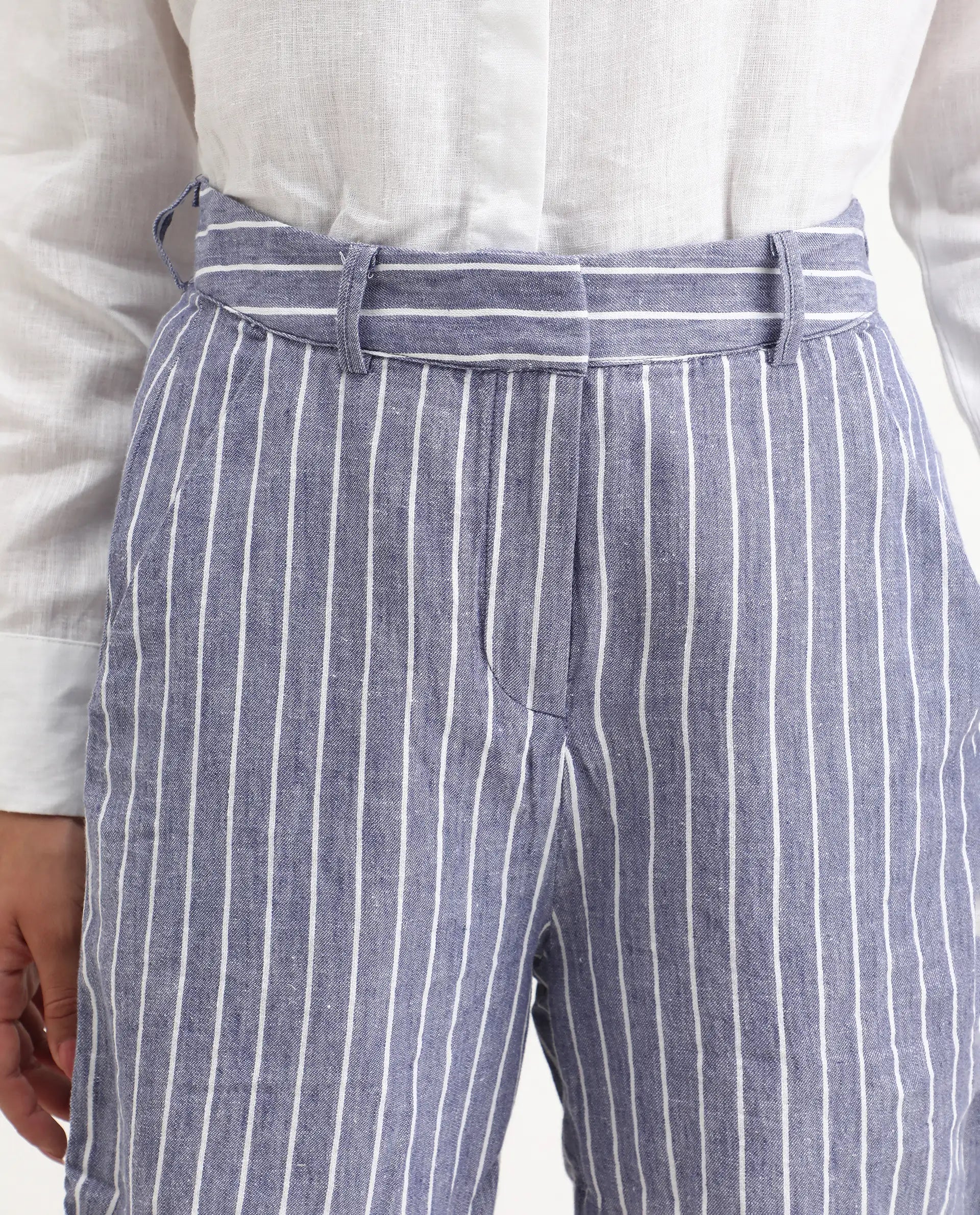 Rareism Women's Liya Blue Linen Striped Regular Fit Shorts