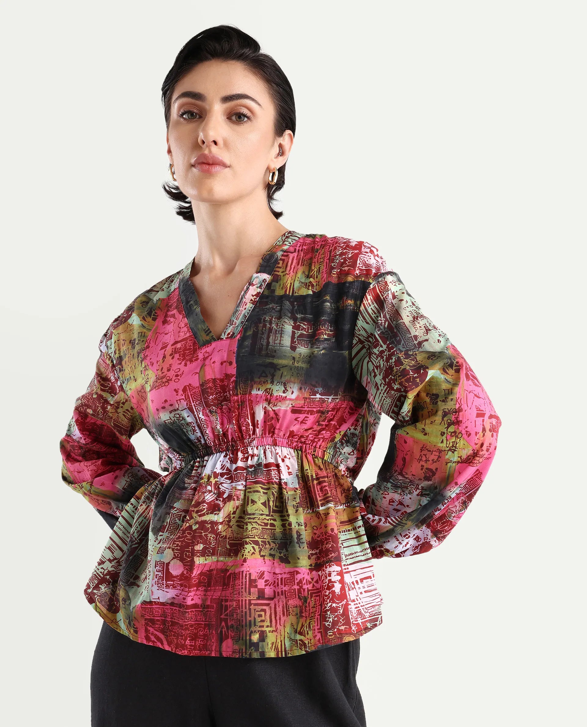 Rareism Women's Lobbc Multi Cotton V-Neck Abstract Print Bishop Sleeve Regular Fit And Flare Top