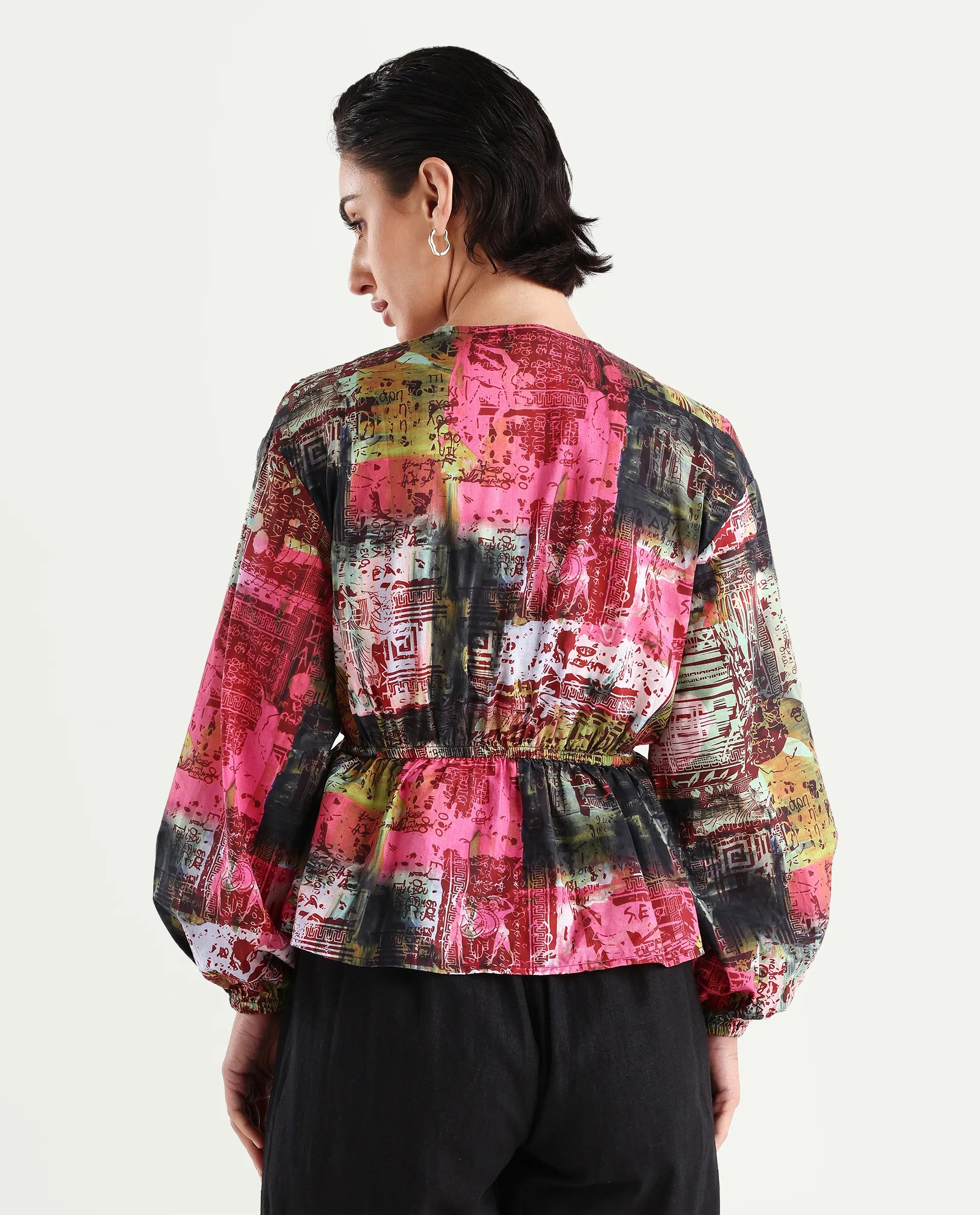 Rareism Women's Lobbc Multi Cotton V-Neck Abstract Print Bishop Sleeve Regular Fit And Flare Top