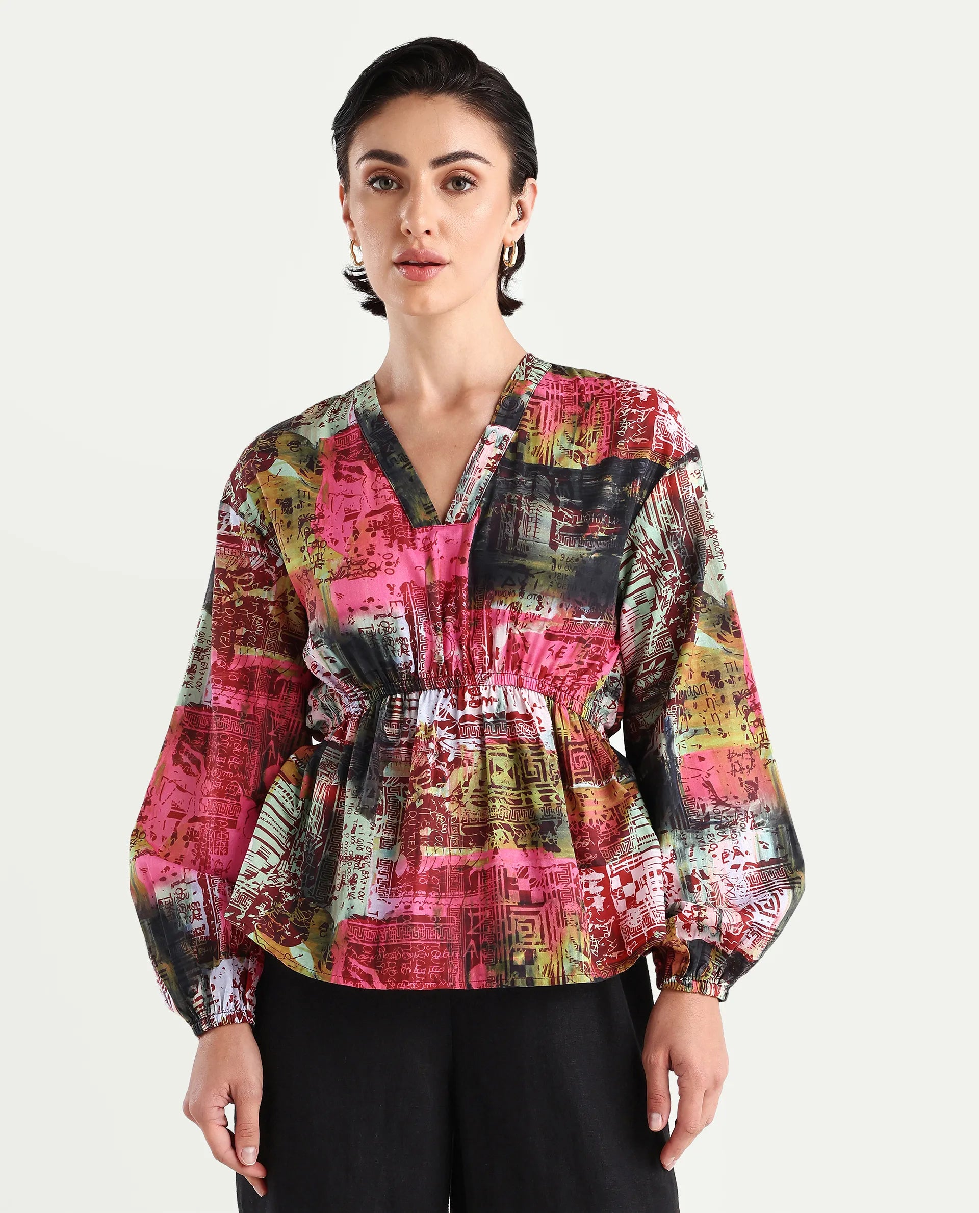 Rareism Women's Lobbc Multi Cotton V-Neck Abstract Print Bishop Sleeve Regular Fit And Flare Top