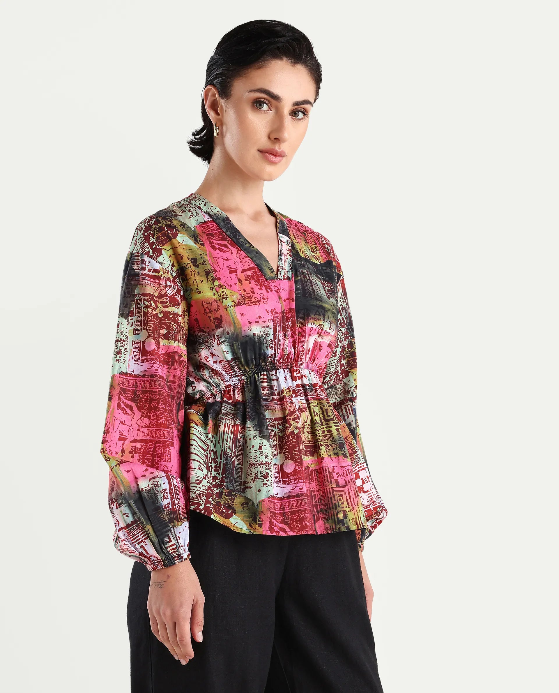 Rareism Women's Lobbc Multi Cotton V-Neck Abstract Print Bishop Sleeve Regular Fit And Flare Top