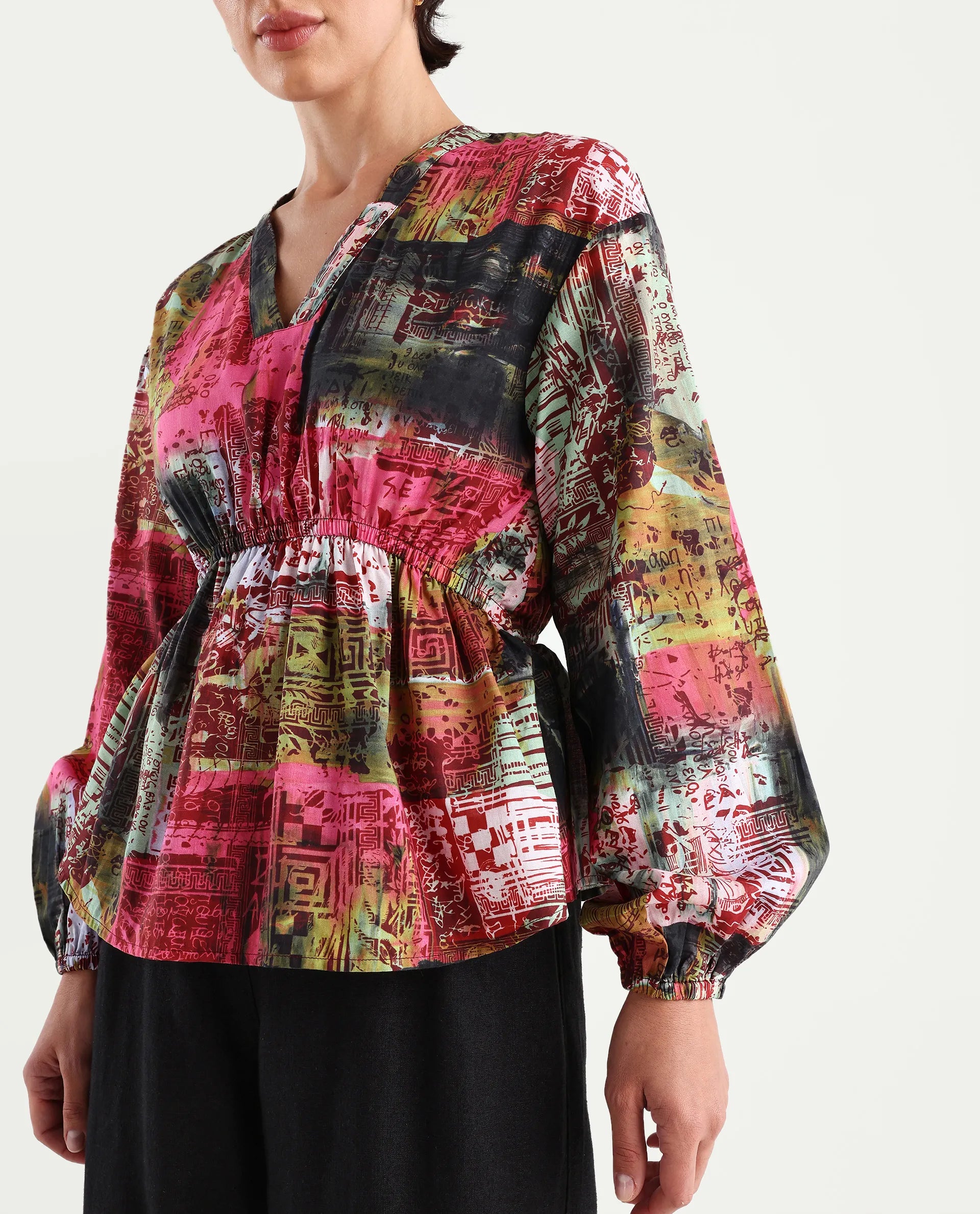 Rareism Women's Lobbc Multi Cotton V-Neck Abstract Print Bishop Sleeve Regular Fit And Flare Top