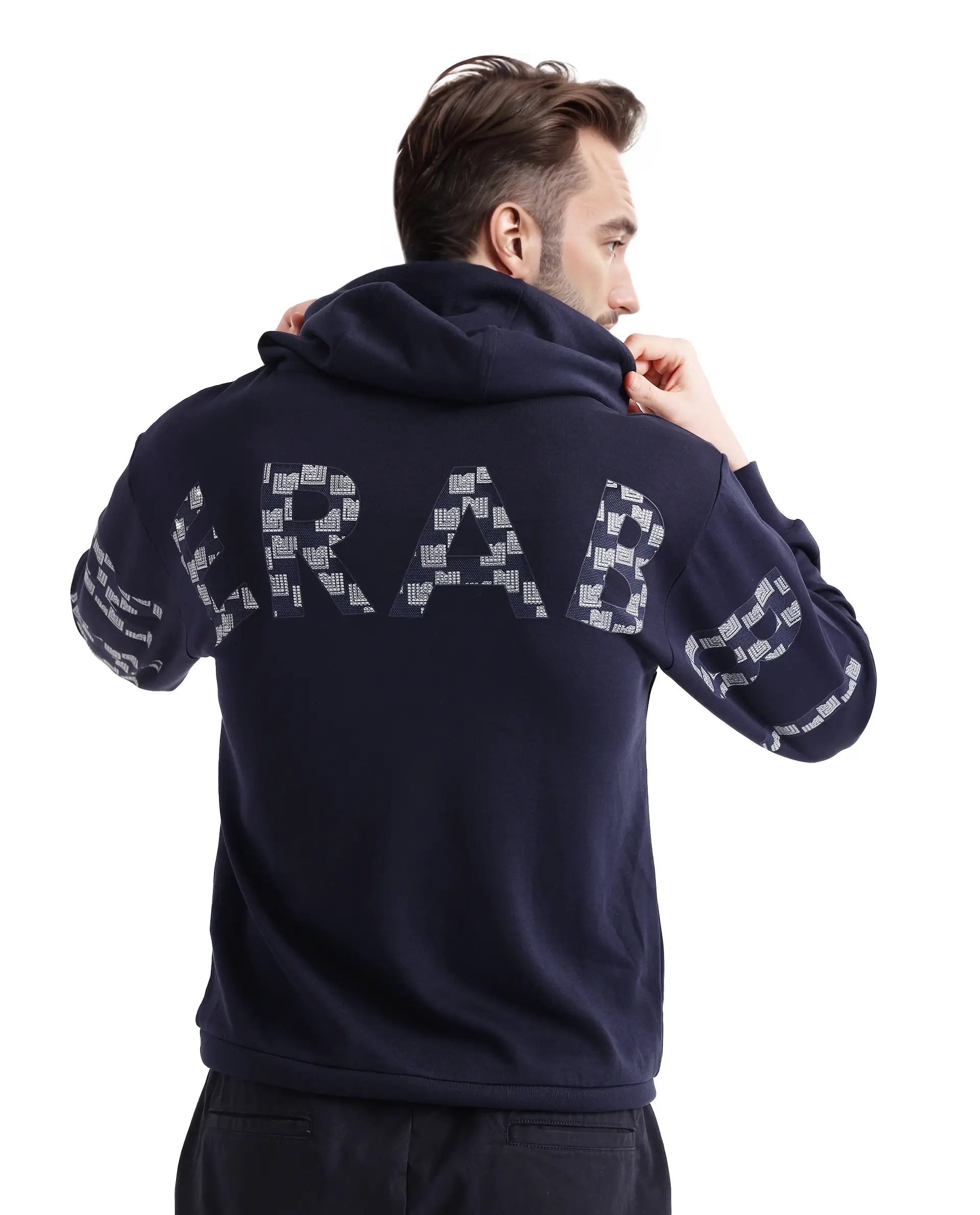 Rare Rabbit Men Lobo Navy Cotton Poly Fabric Full Sleeve Regular Fit Monogram with Typography Print Hooded Sweatshirt