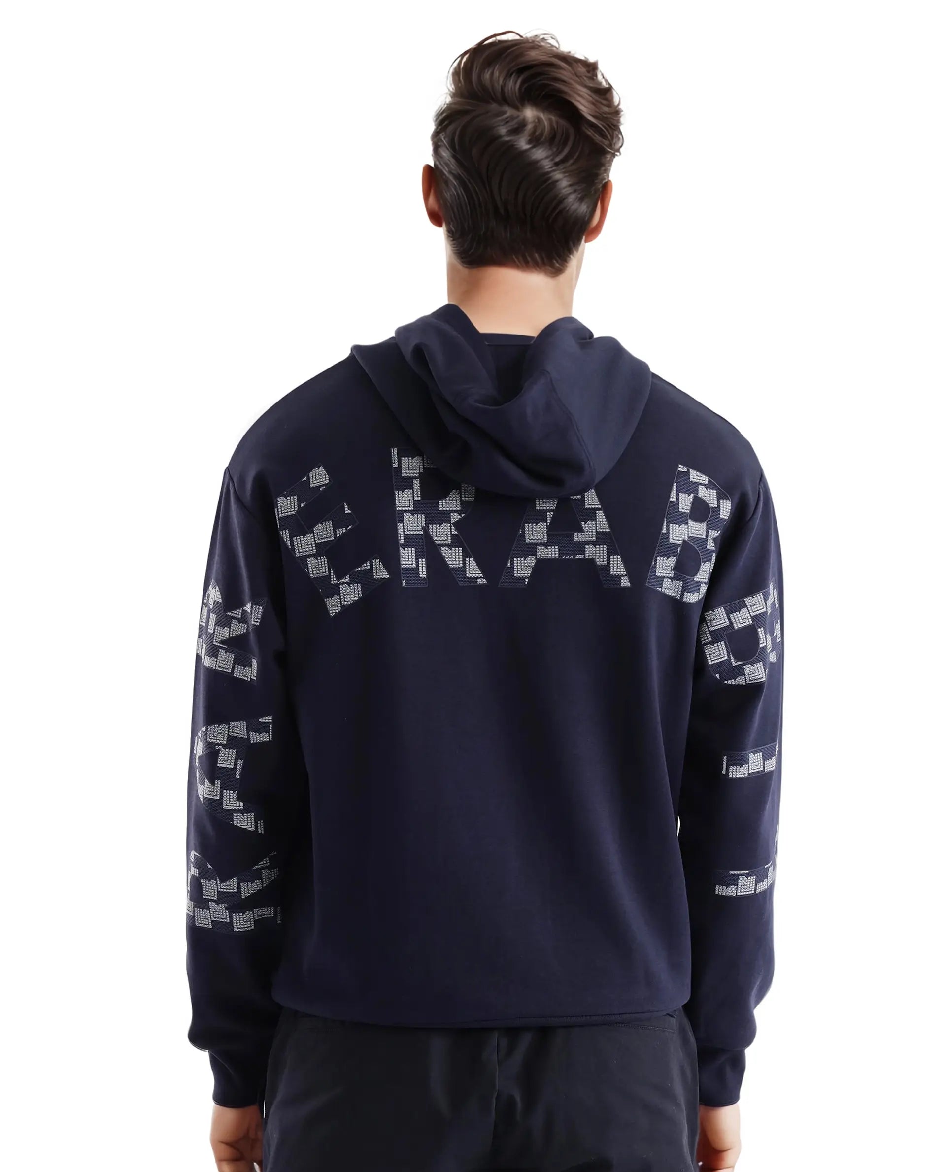 Rare Rabbit Men Lobo Navy Cotton Poly Fabric Full Sleeve Regular Fit Monogram with Typography Print Hooded Sweatshirt