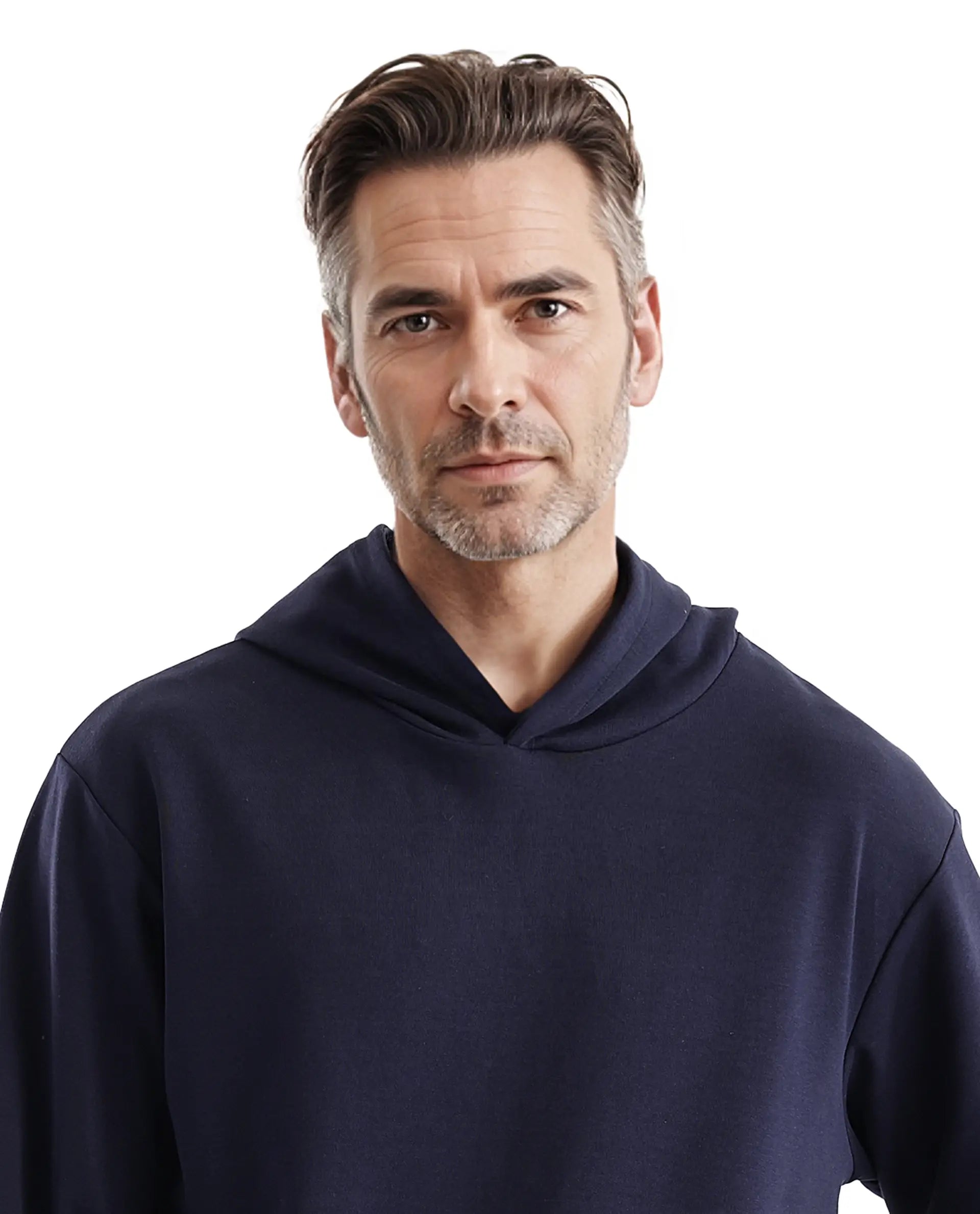 Rare Rabbit Men Lobo Navy Cotton Poly Fabric Full Sleeve Regular Fit Monogram with Typography Print Hooded Sweatshirt