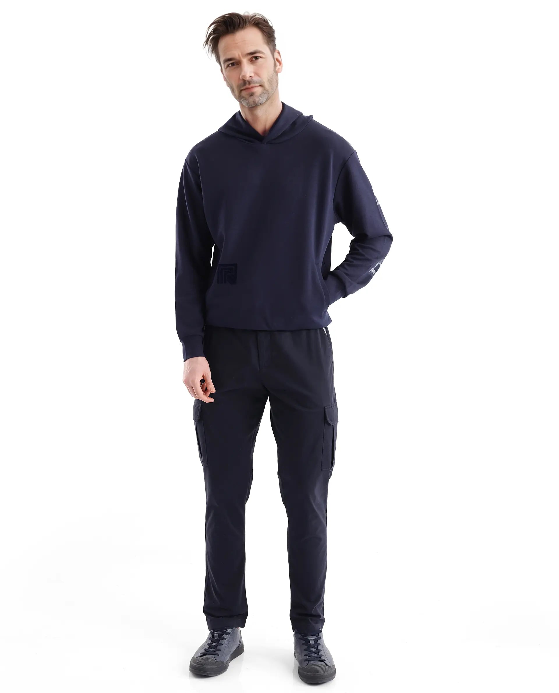 Rare Rabbit Men Lobo Navy Cotton Poly Fabric Full Sleeve Regular Fit Monogram with Typography Print Hooded Sweatshirt