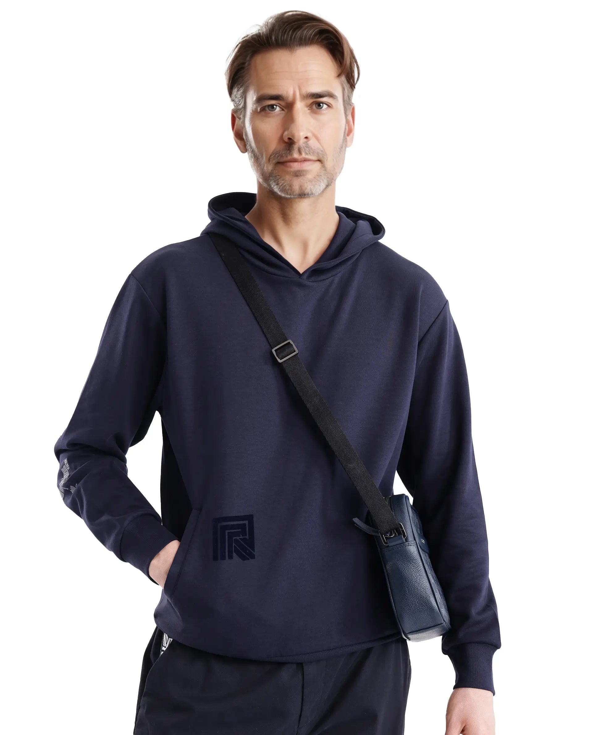 Rare Rabbit Men Lobo Navy Cotton Poly Fabric Full Sleeve Regular Fit Monogram with Typography Print Hooded Sweatshirt